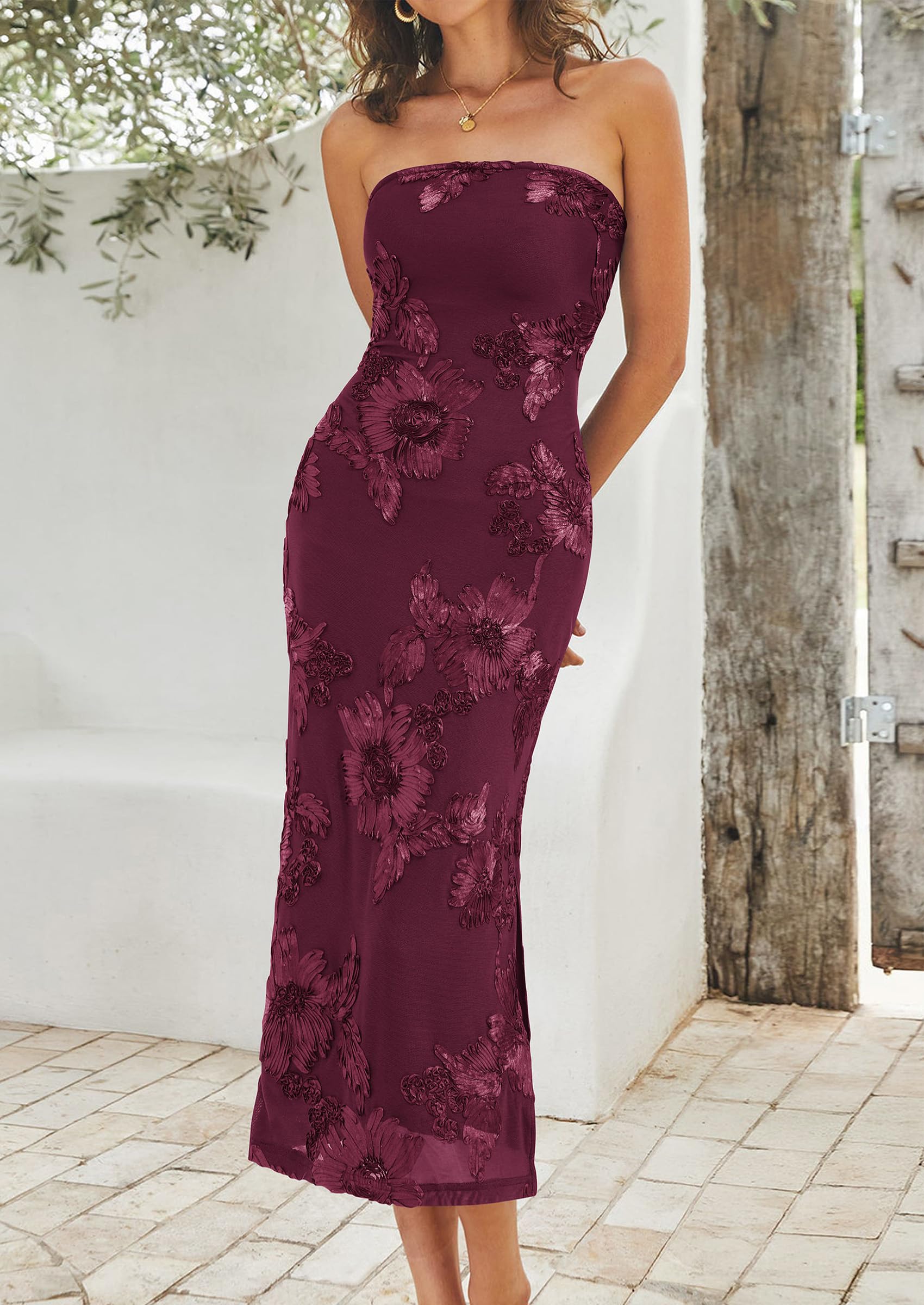 Women's Summer Wedding Guest Floral Midi Dress, Burgundy,XS