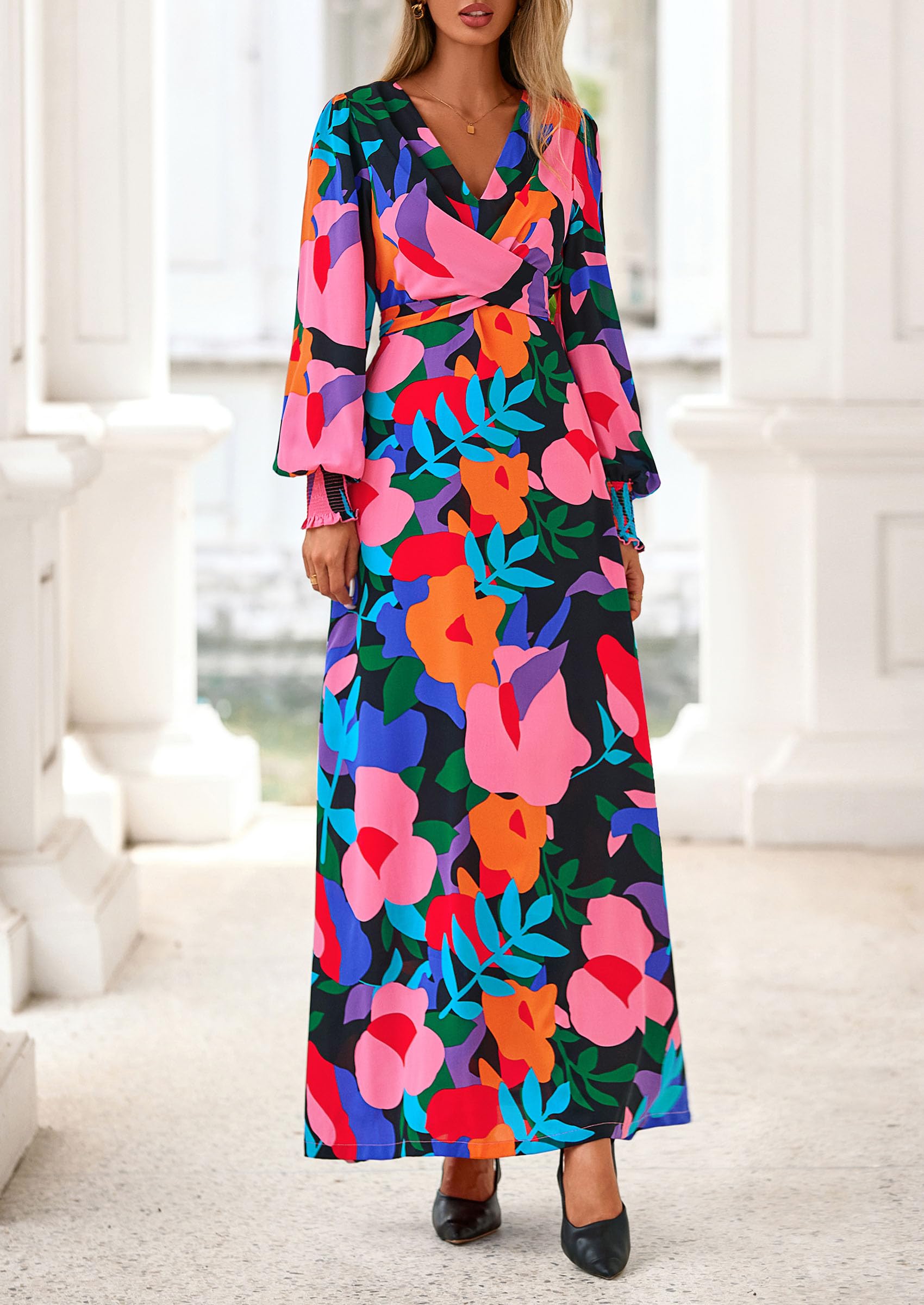 Women's Tie Waist Floral Maxi Dress,Floral Black,S