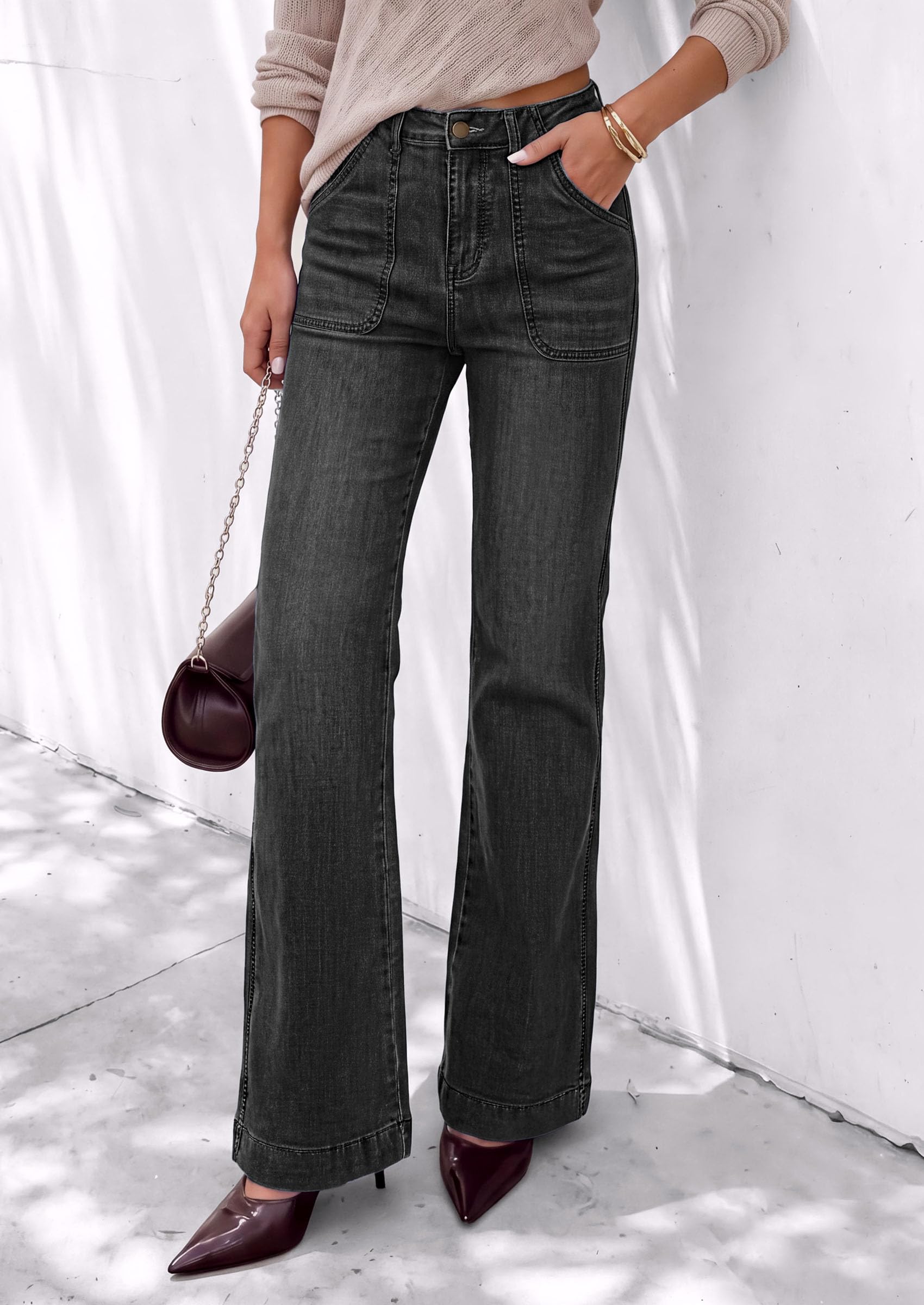 Womens High Waisted Wide Leg Jeans Demin Pants Black