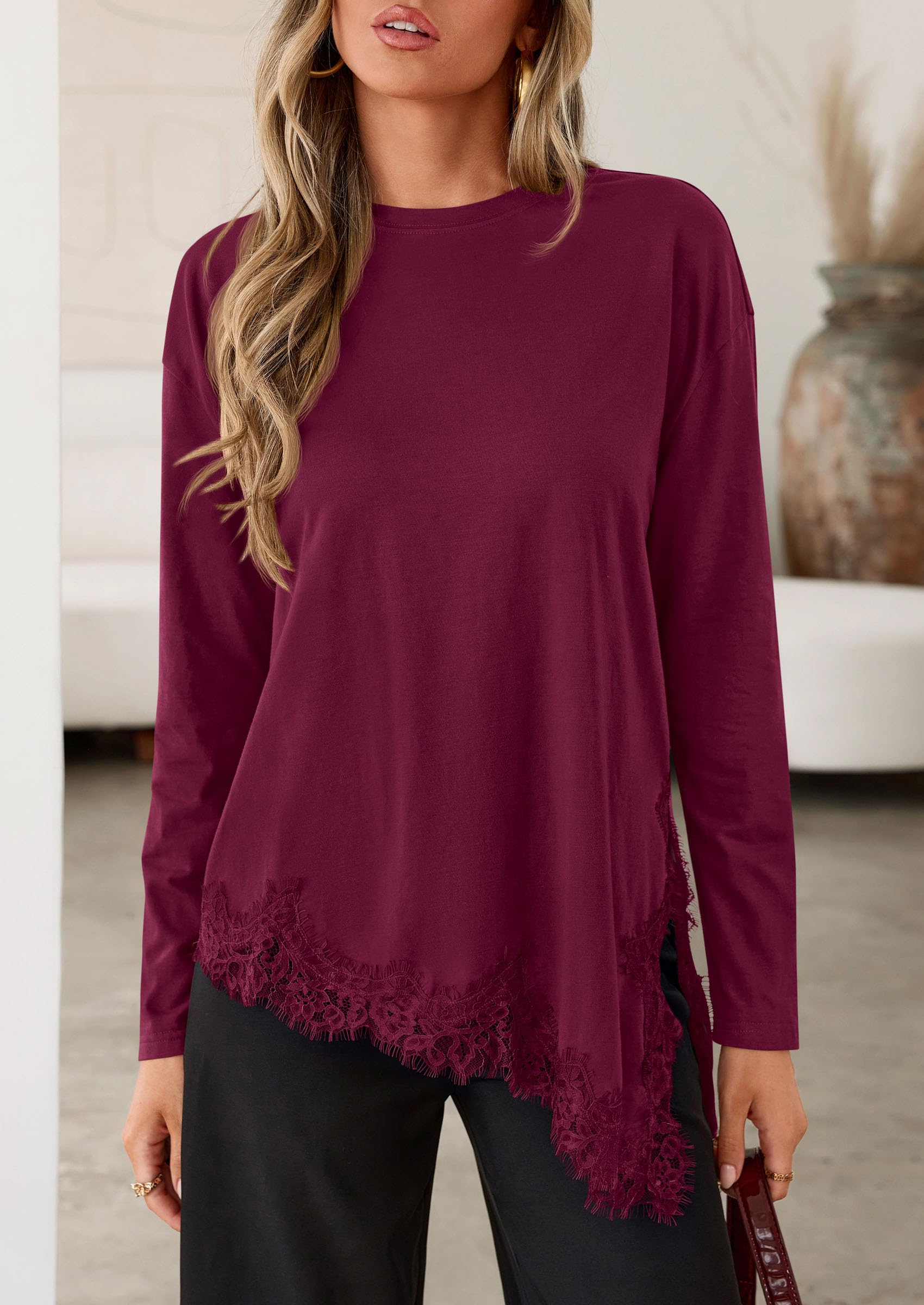 Women's Long Sleeve Asymmetrical Lace Tops Oversized Tshirts