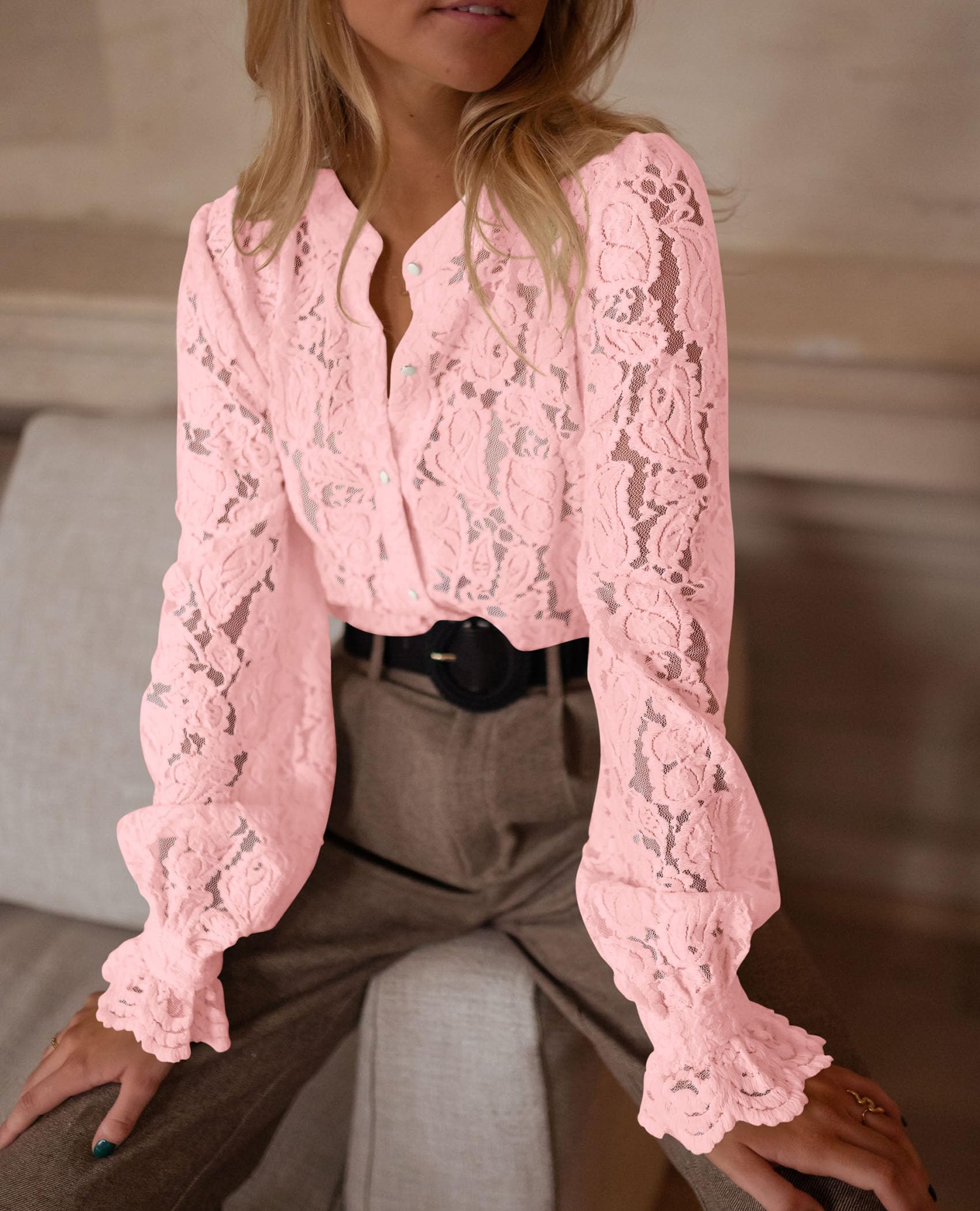 Women's Fall Trendy Long Sleeve Lace Tops(Pink,Small)