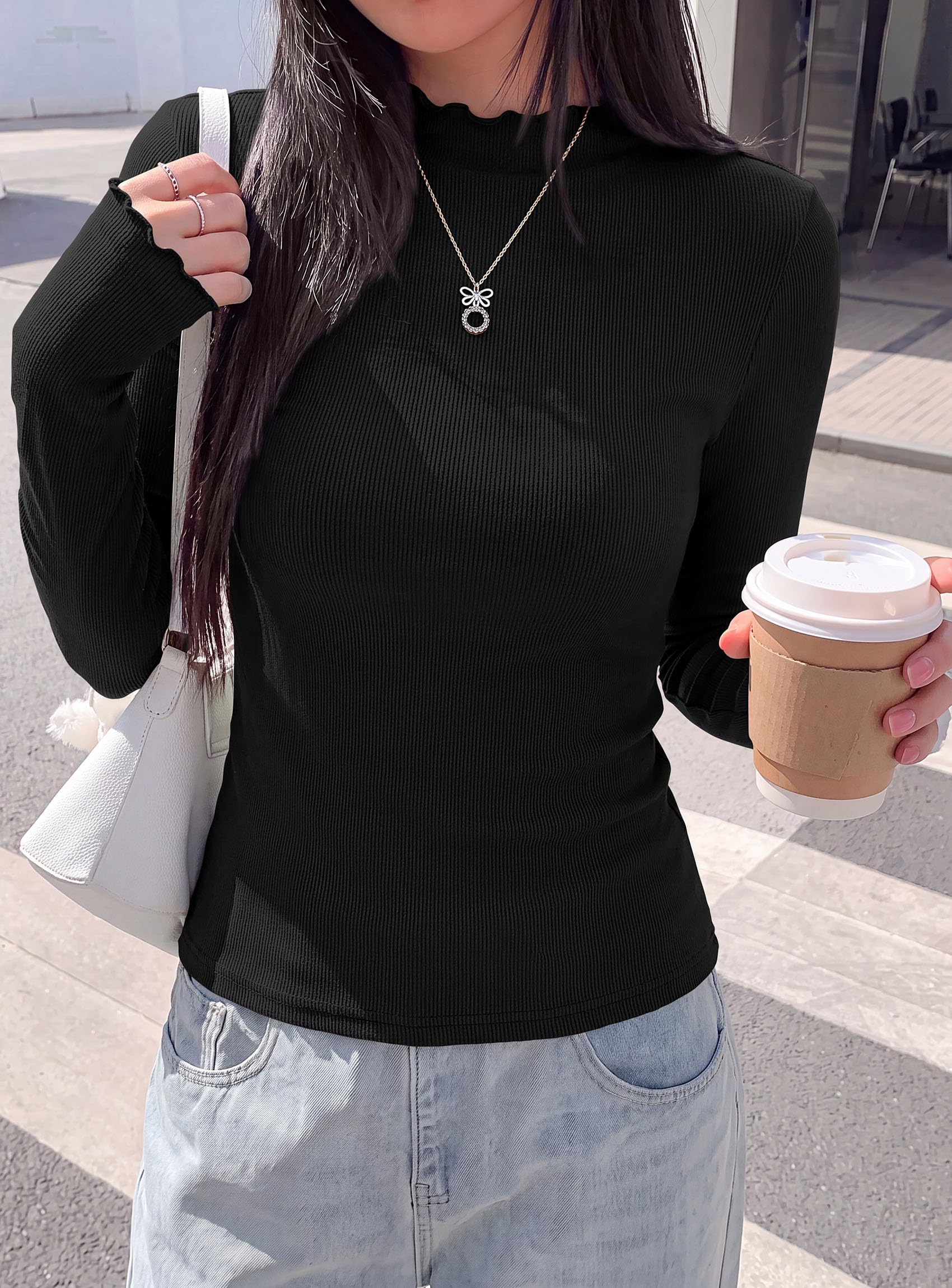 Women's Long Sleeve T Shirts Lettuce Trim Mock Neck Tops Black