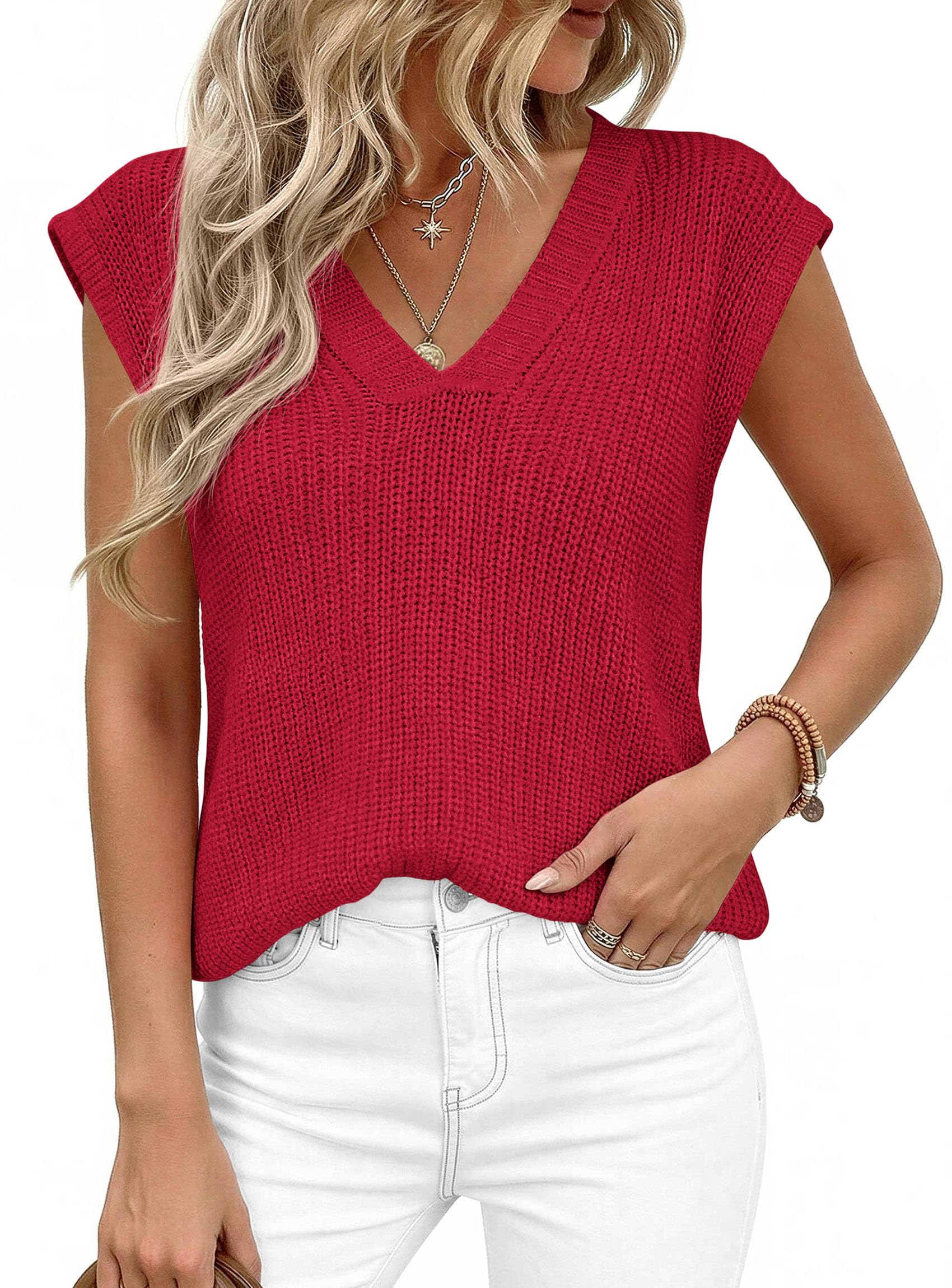 Women's Cap Sleeve Sweaters Vest Summer Tops (Red,S)