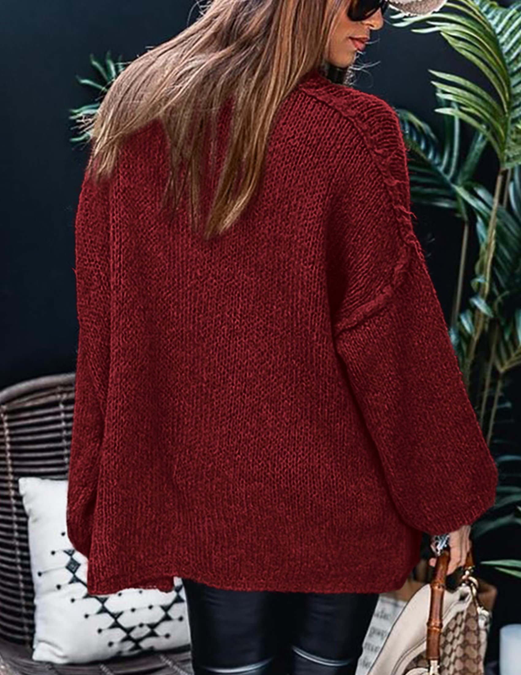 Womens Turtleneck Long Sleeve Oversized Sweaters,Wine Red,S
