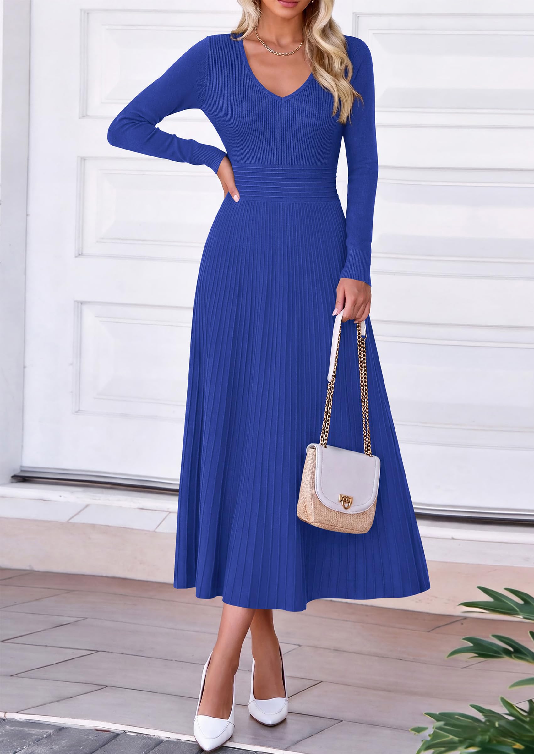 Women's Fall V Neck Pleated Midi Sweater Dress,Royal Blue,S