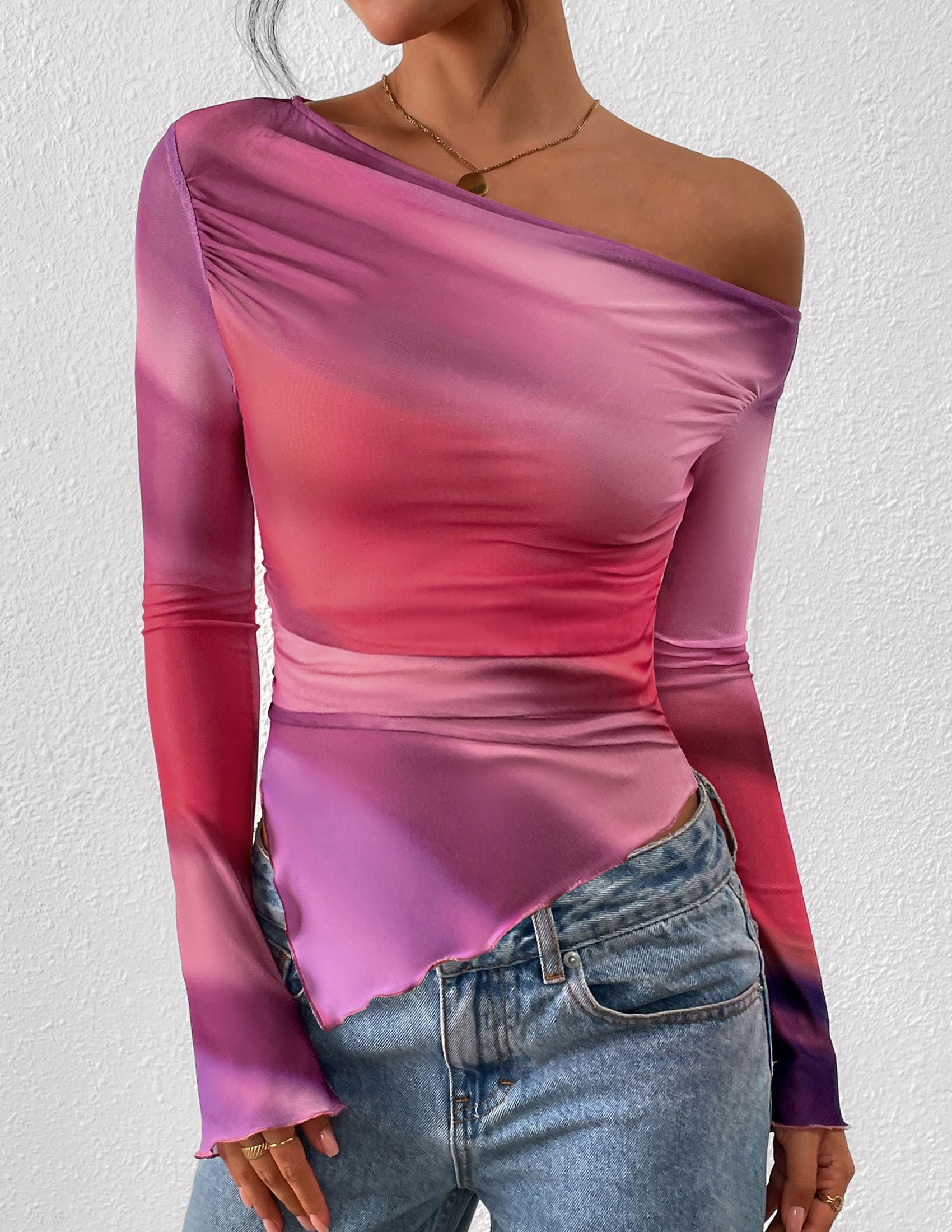 Womens Off Shoulder Mesh Y2k Tops,Multicolour Print,XS