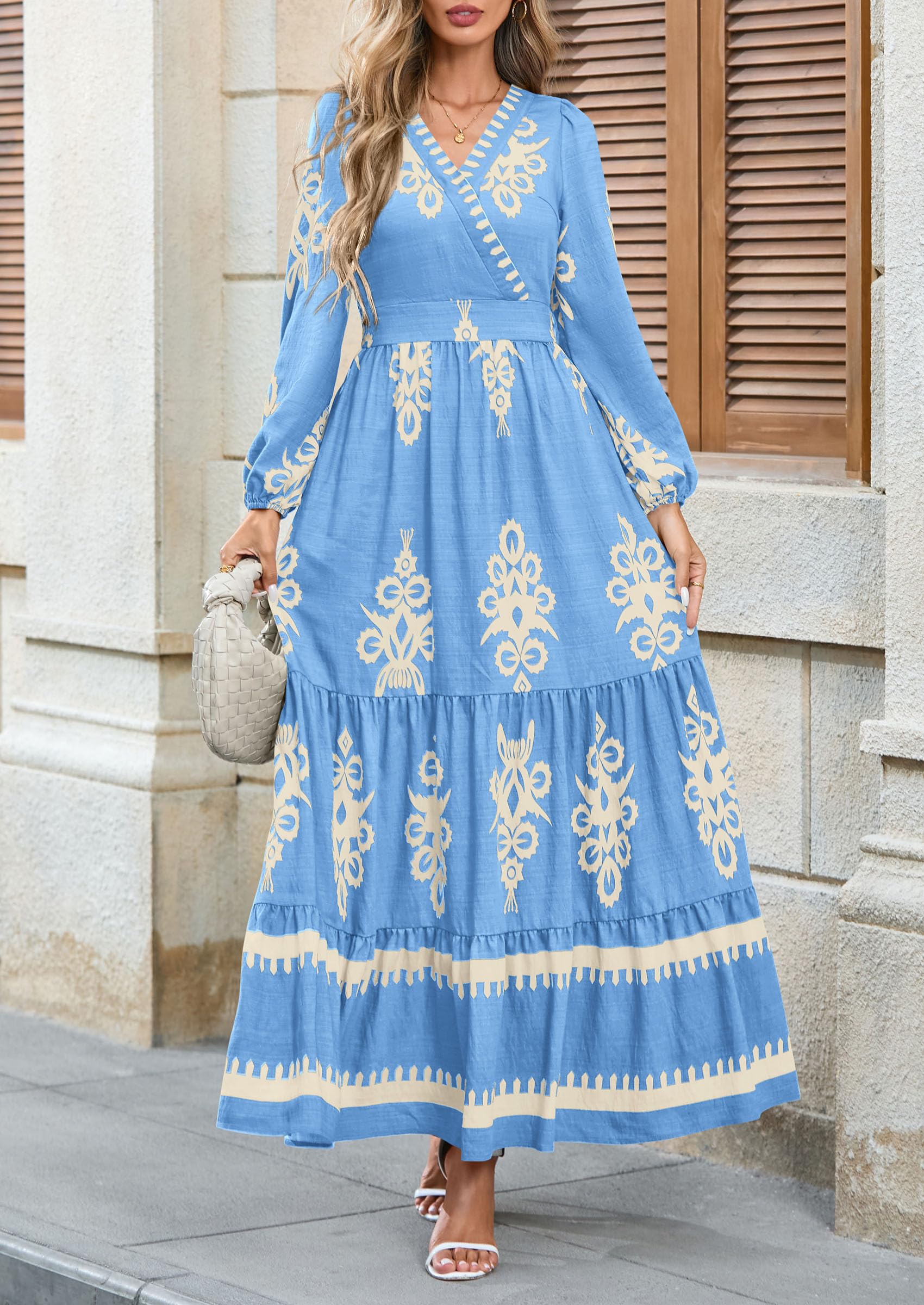 Women's Long Sleeve Floral Boho Maxi Wedding Guest Dress