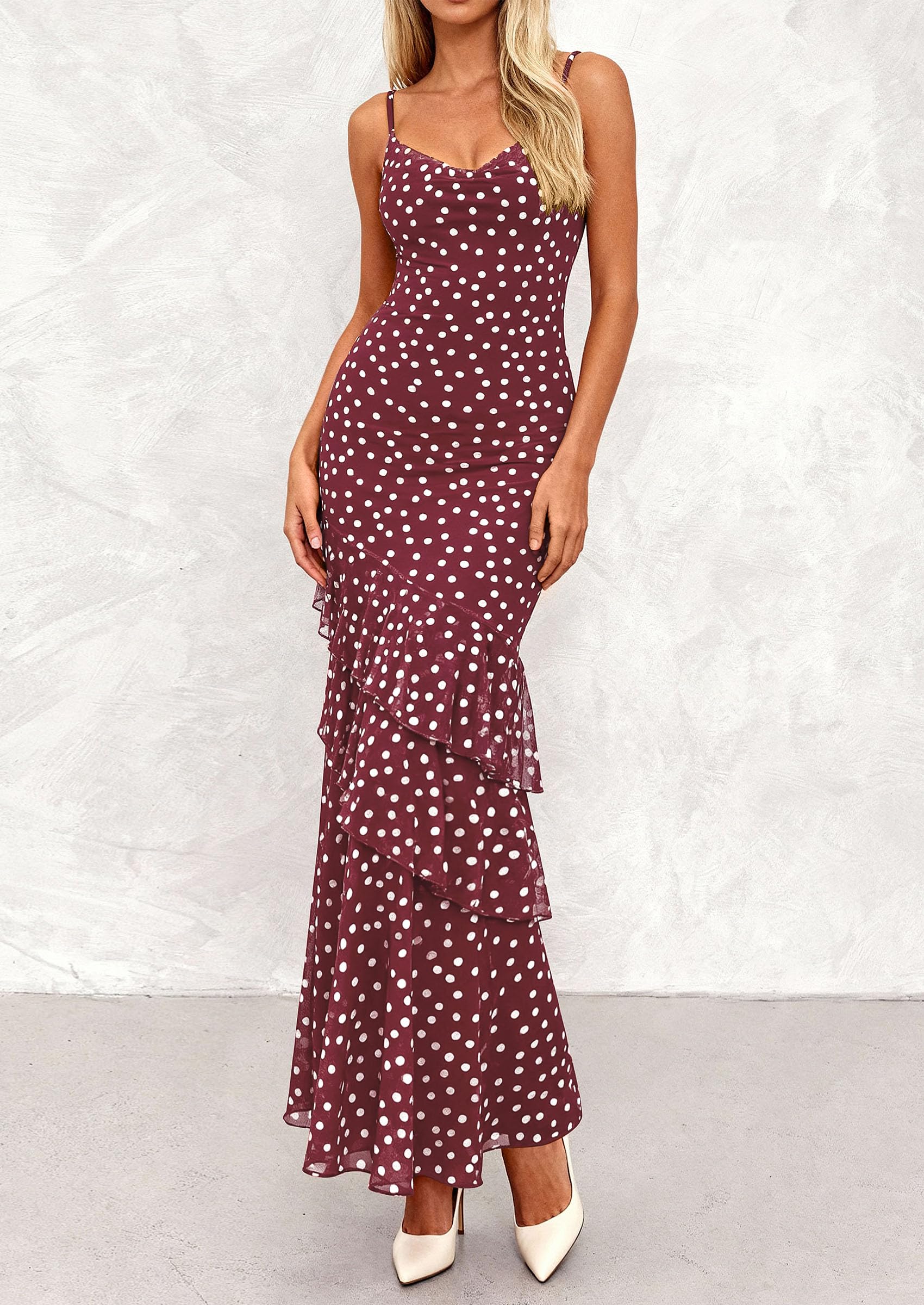 Women's Boho Floral Tiered Maxi Dress,01 Dot Burgundy White,XS