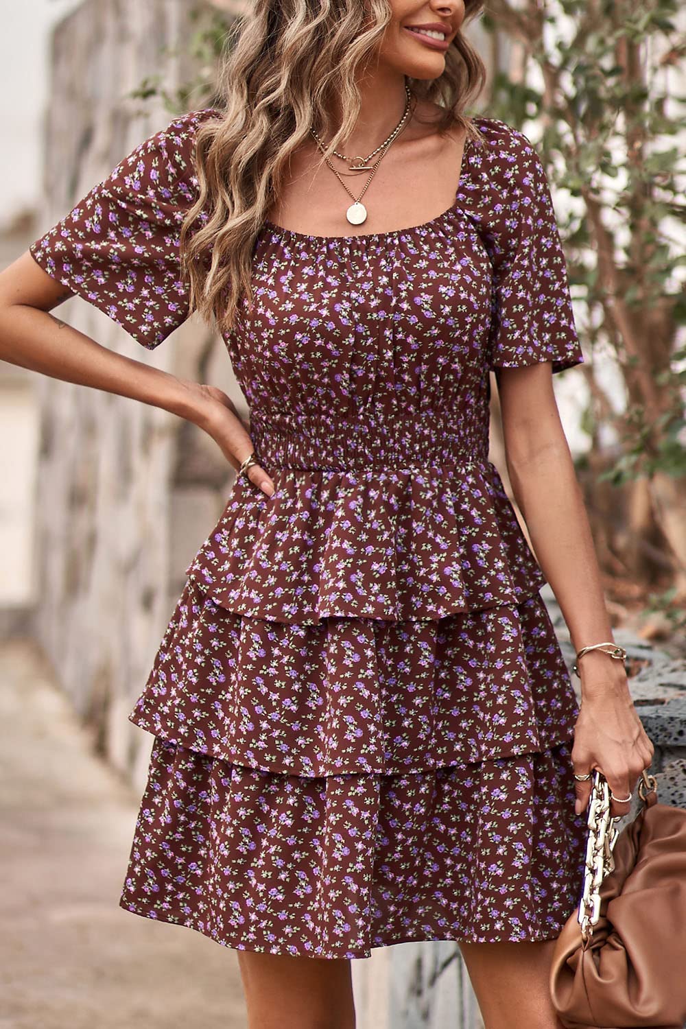 Women's Summer Floral Ruffle Short Dress Coffee,S