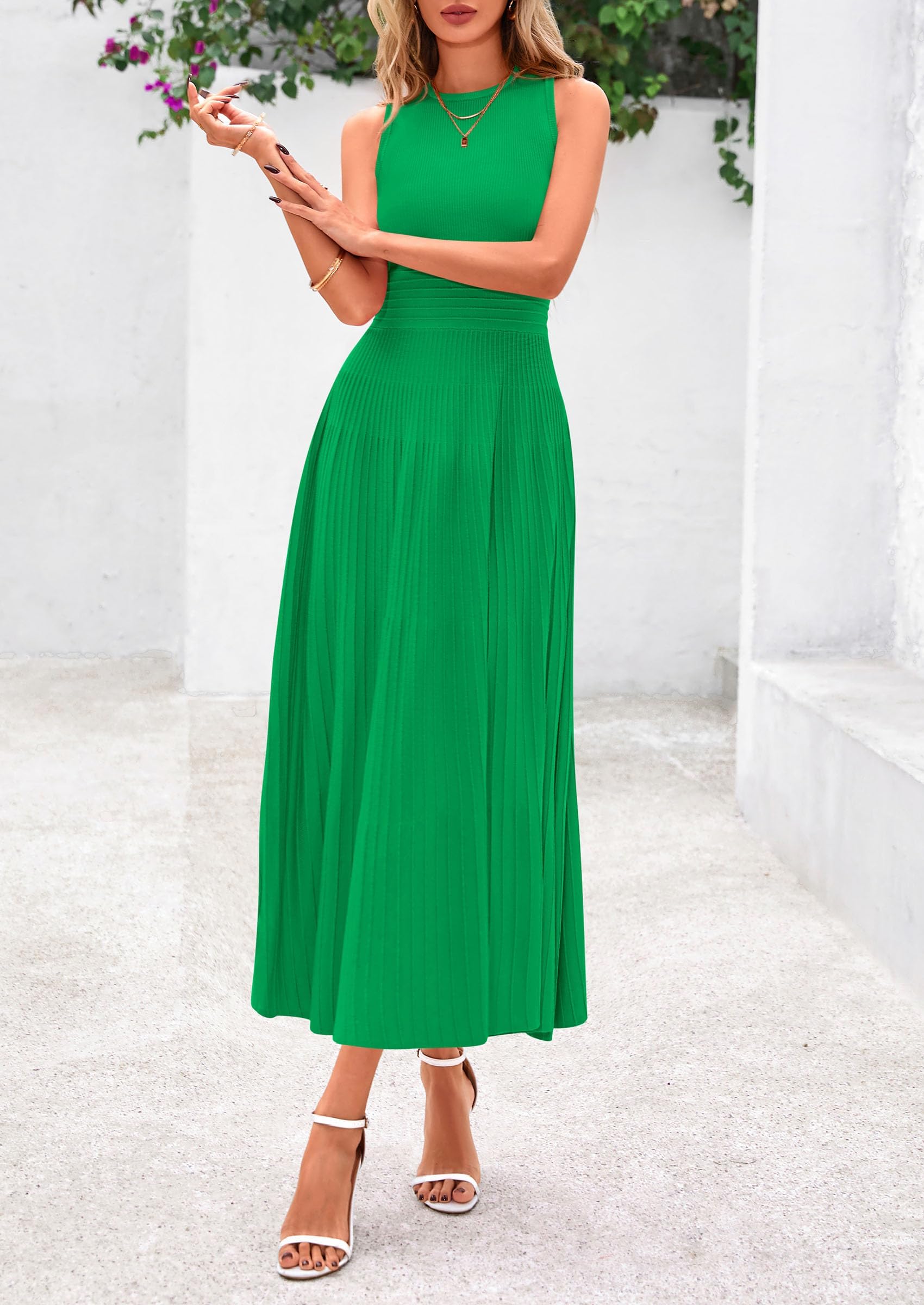 Women's Summer Pleated Midi Work Dress,Green,S