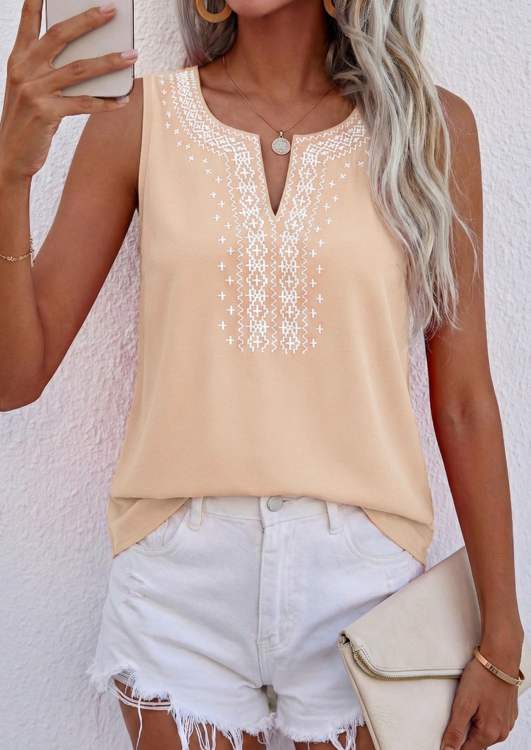 Womens Embroidered Sleeveless Tank Tops Beige,L