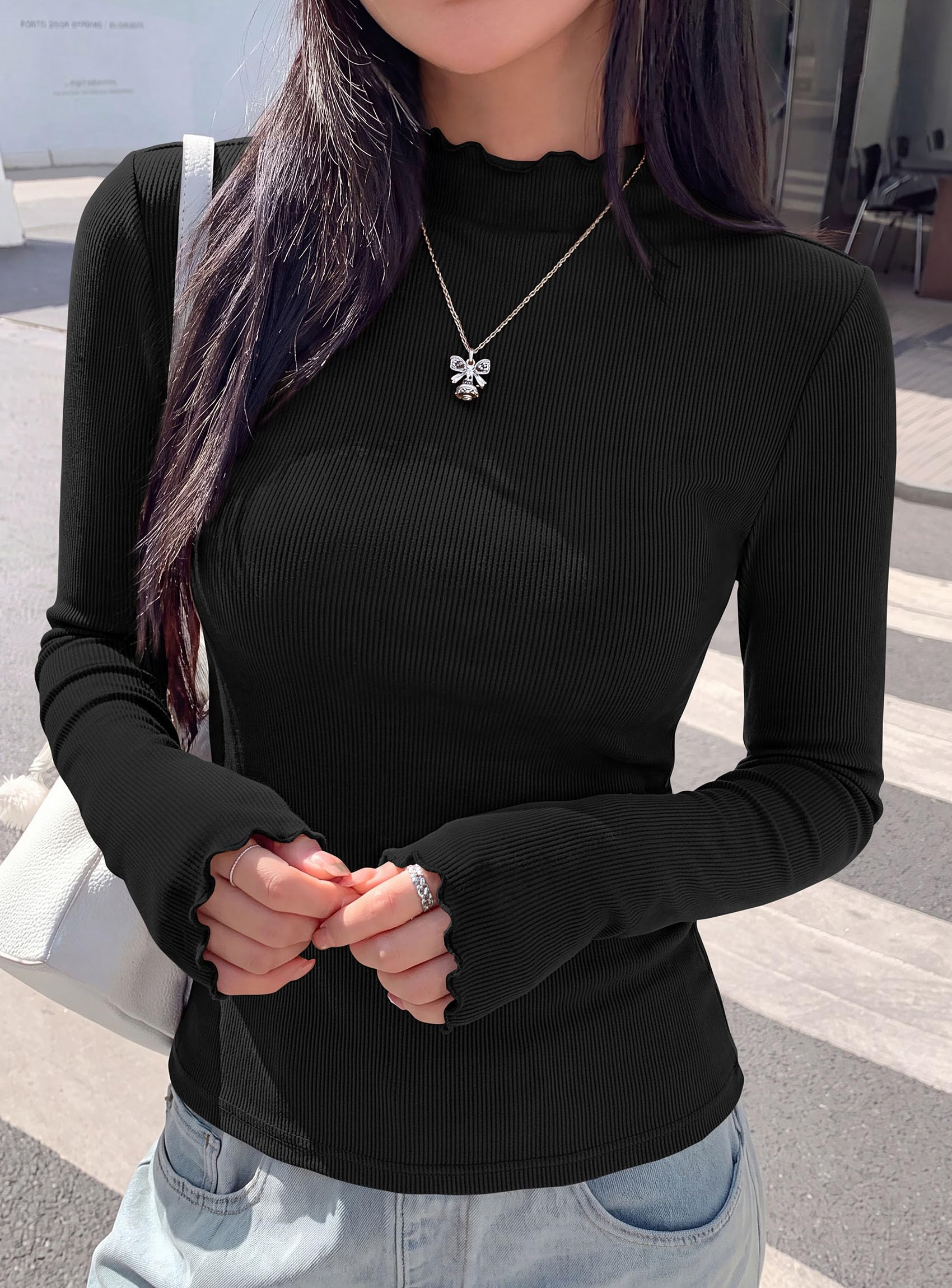 Women's Long Sleeve T Shirts Lettuce Trim Mock Neck Tops Black