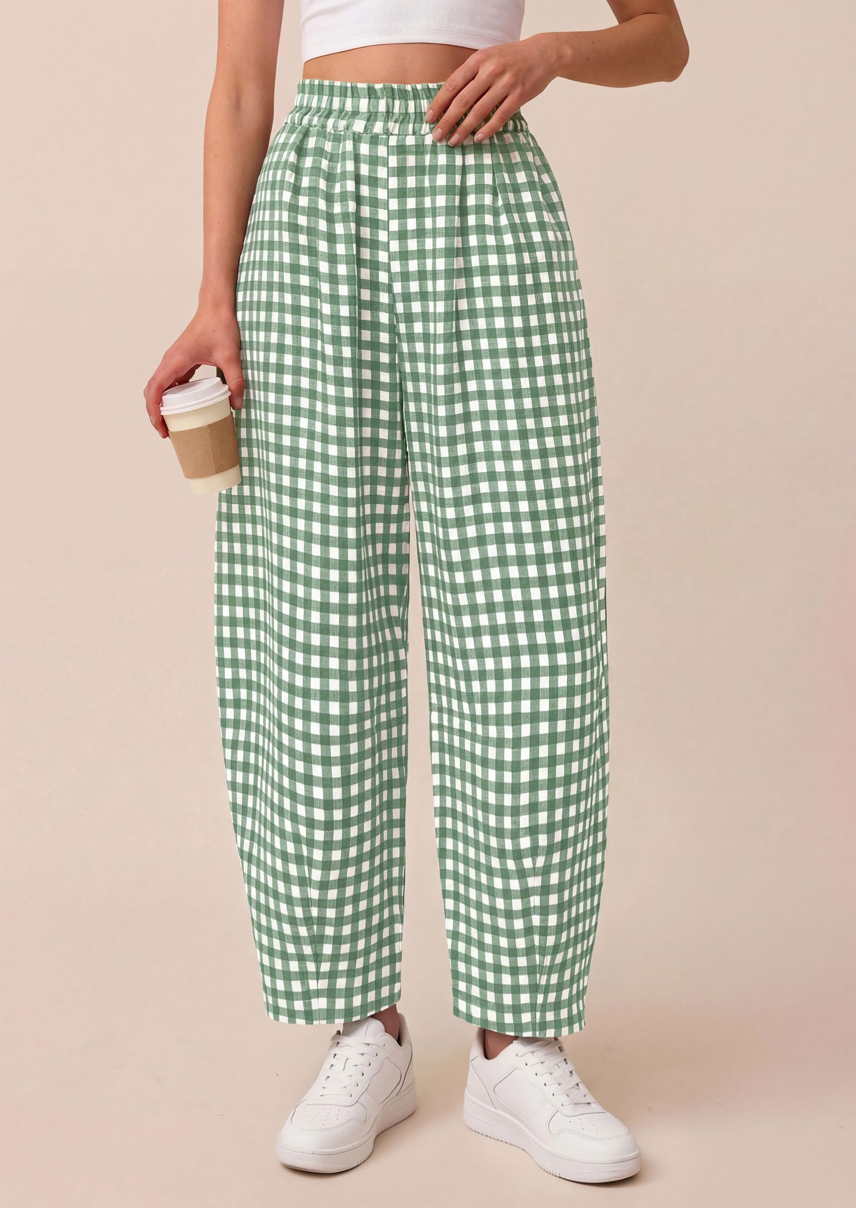 Plaid Barrel Pants Women Summer Bottoms, Green Plaid,S
