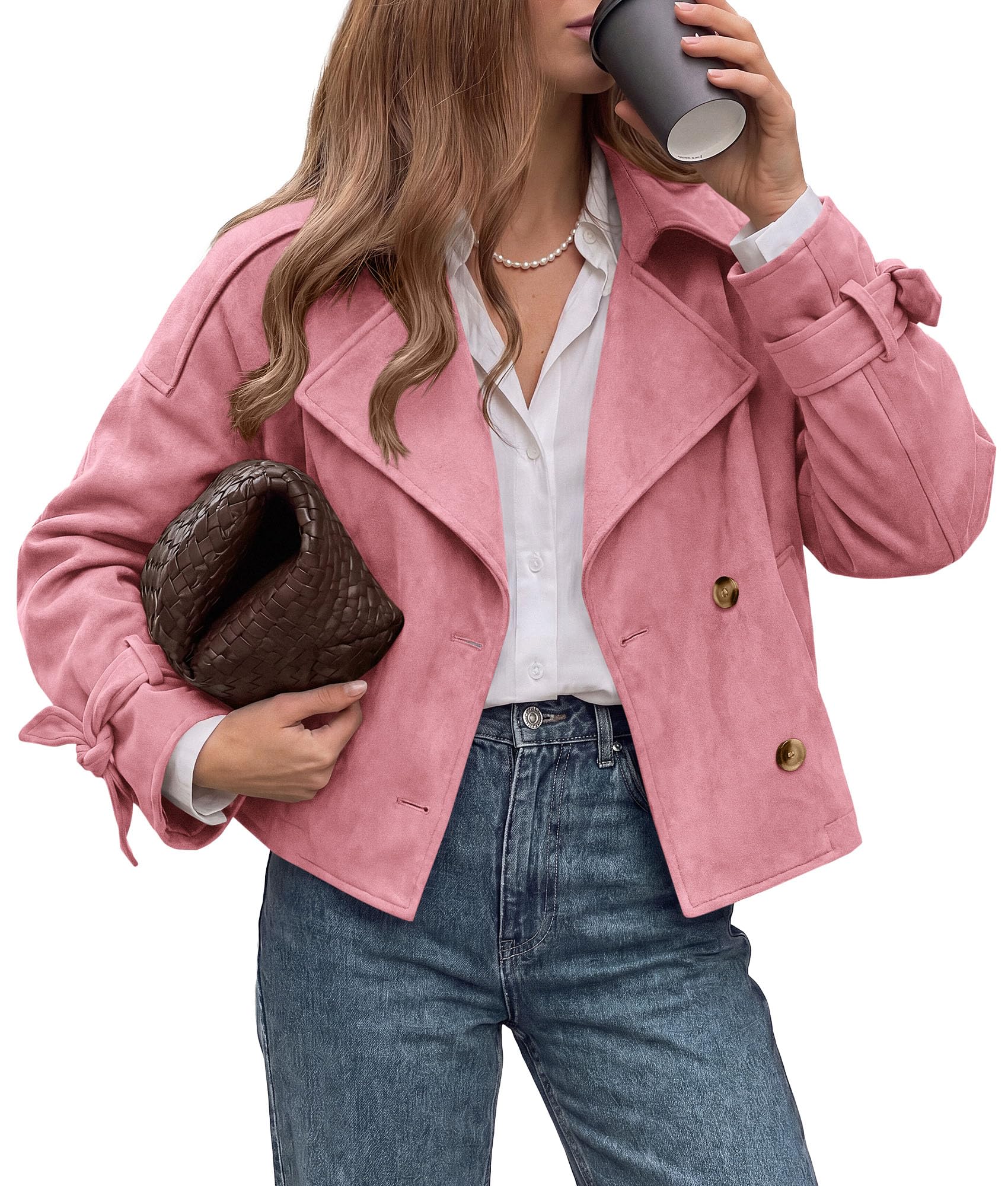 Women Faux Suede Double Breasted Trench Coat Cropped Jackets