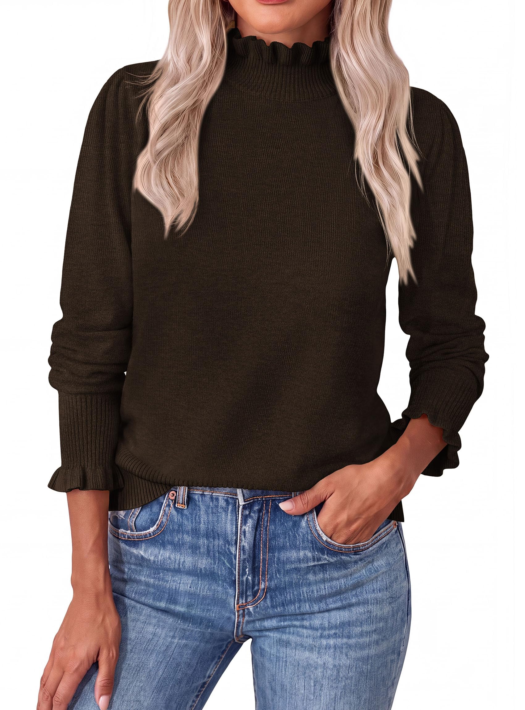Women's Fall Cozy Sweaters Trendy Ruffle Mock Neck Pullover