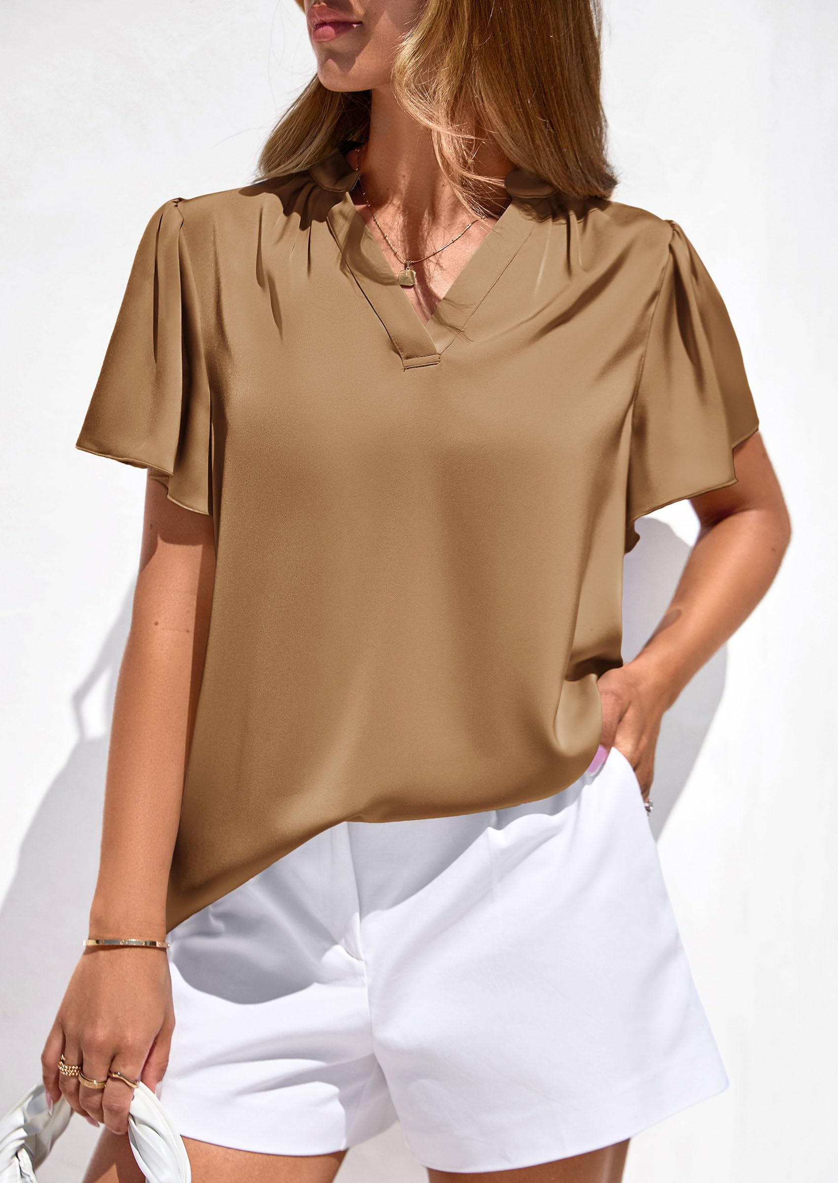 Women's Summer Satin Dressy Casual Blouses (Champagne,S)