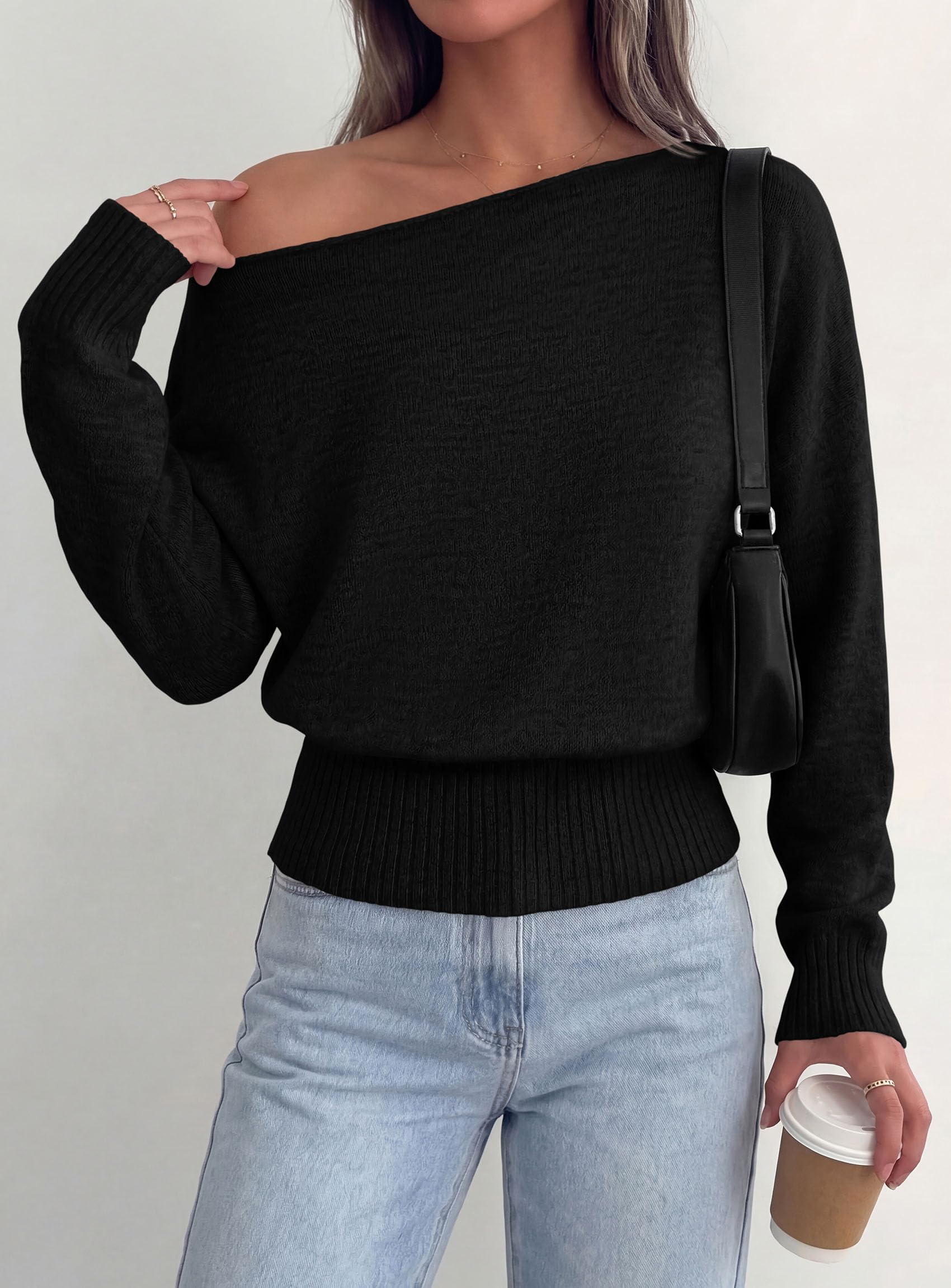Womens Off The Shoulder Sweater Fall Fashion,Black,S