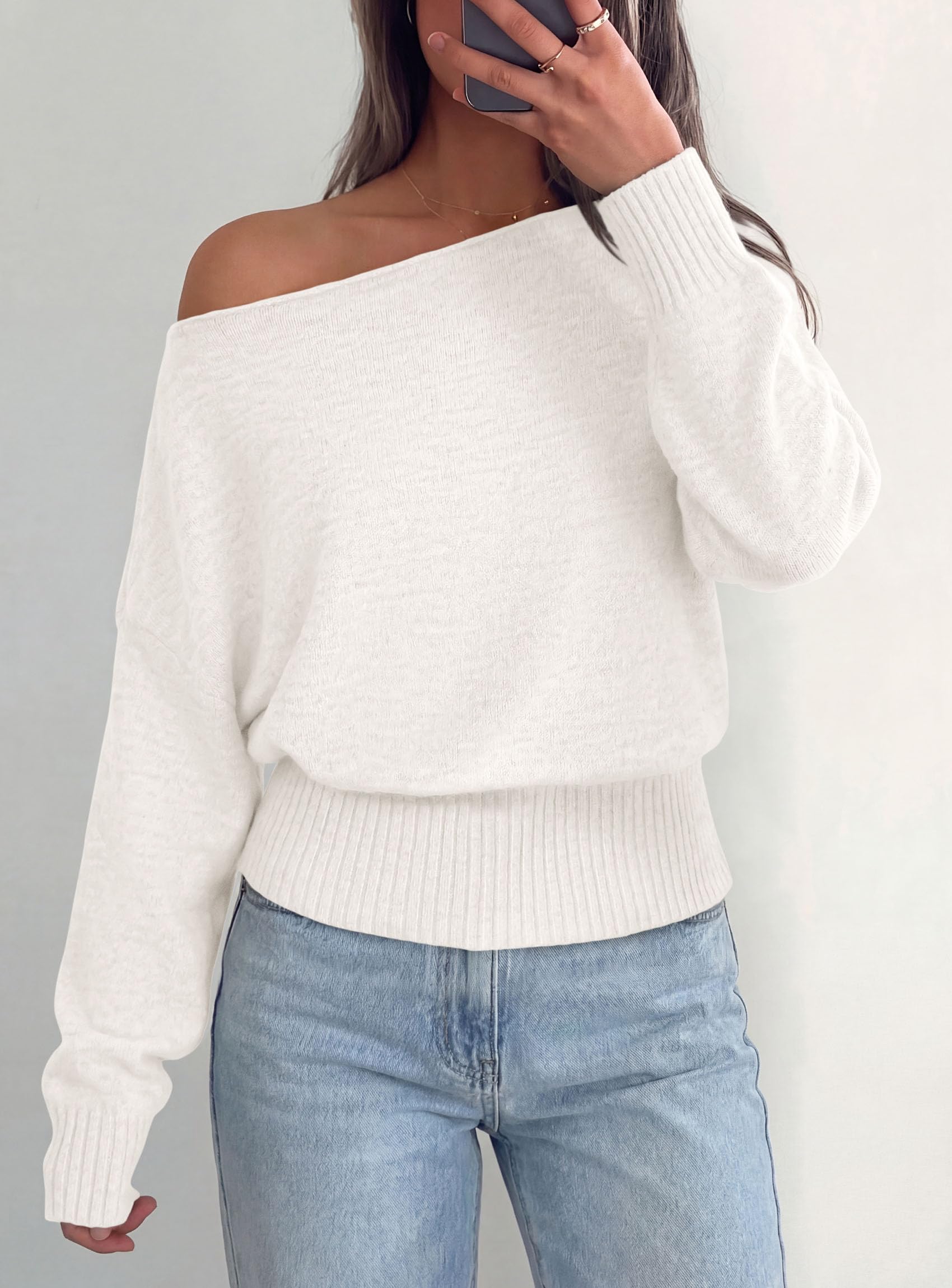 Womens Off The Shoulder Sweater Fall Fashion,White,M