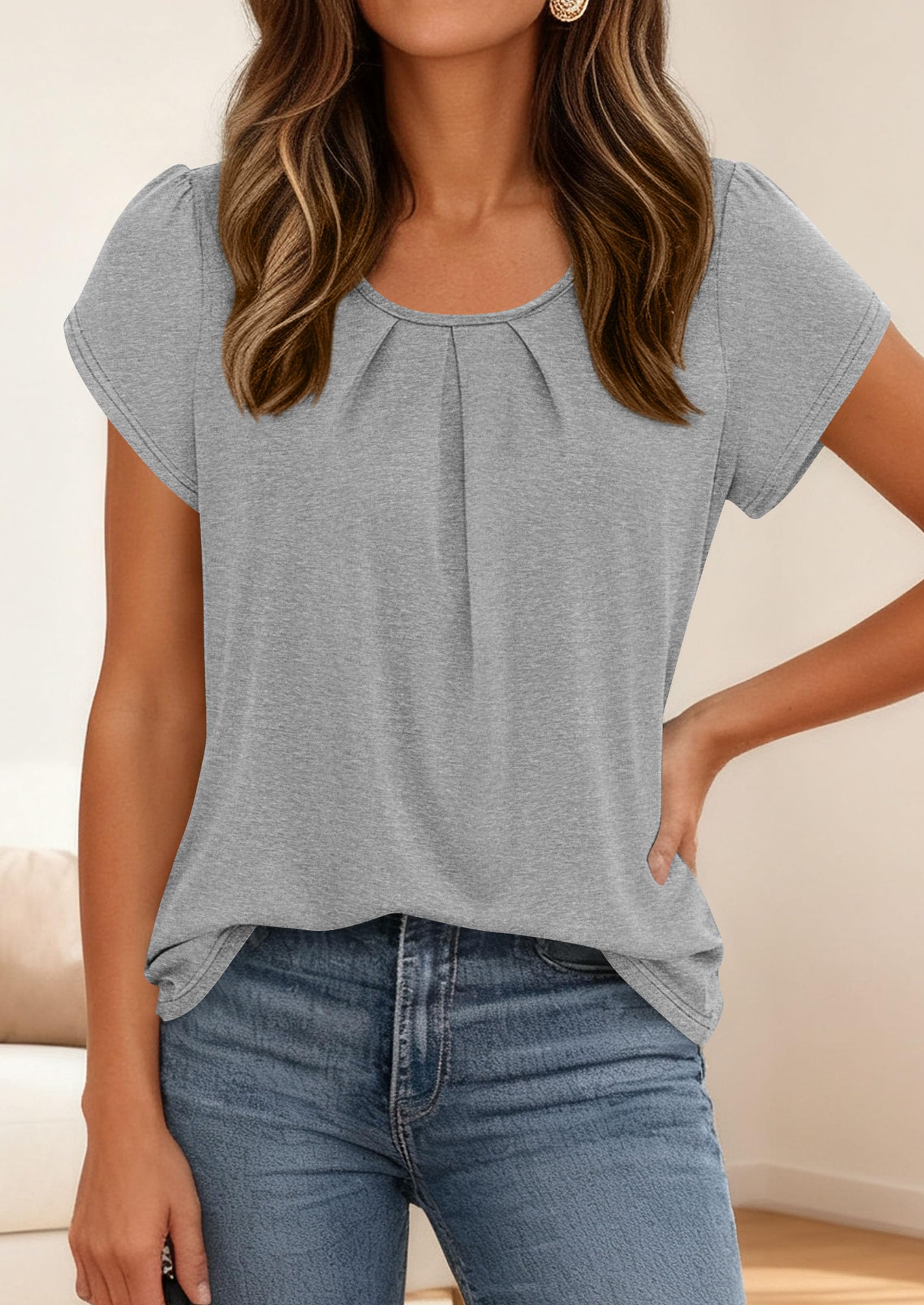 Women's Summer Short Sleeve Tops Casual Blouses,Grey,S