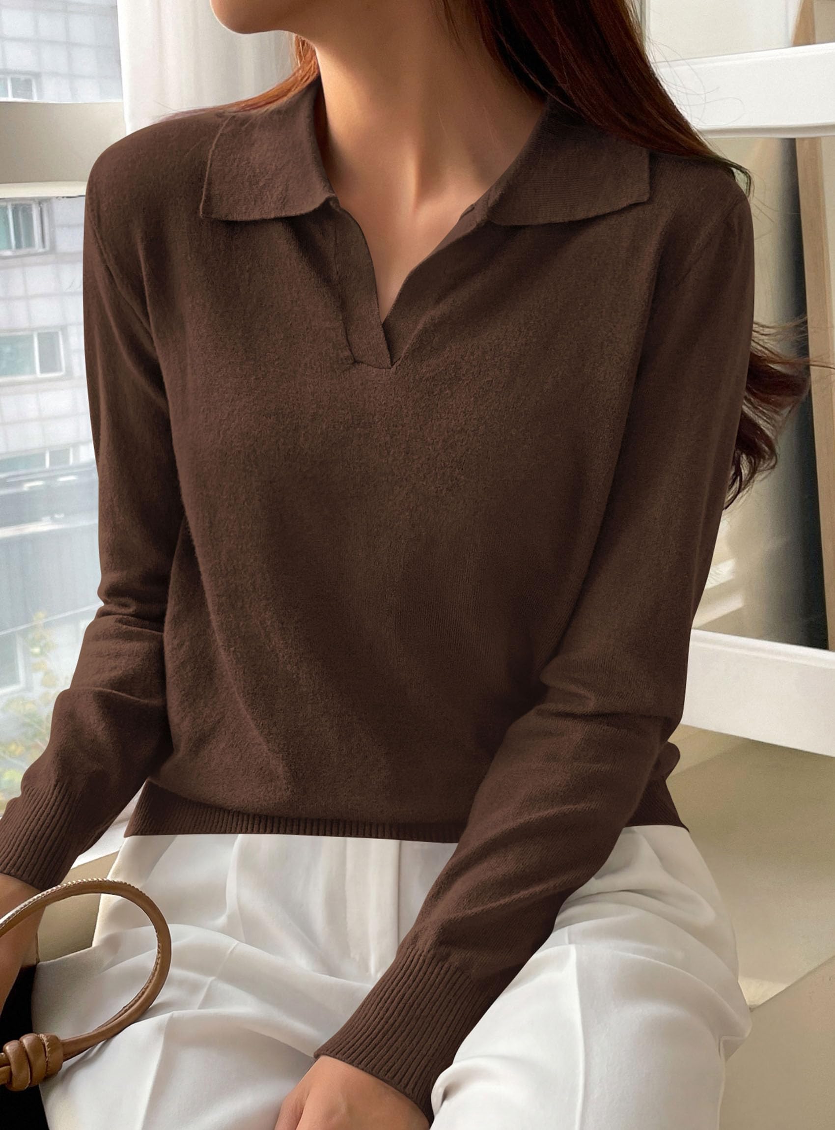 Womens Long Sleeve Collared Polo Sweater,Brown,S