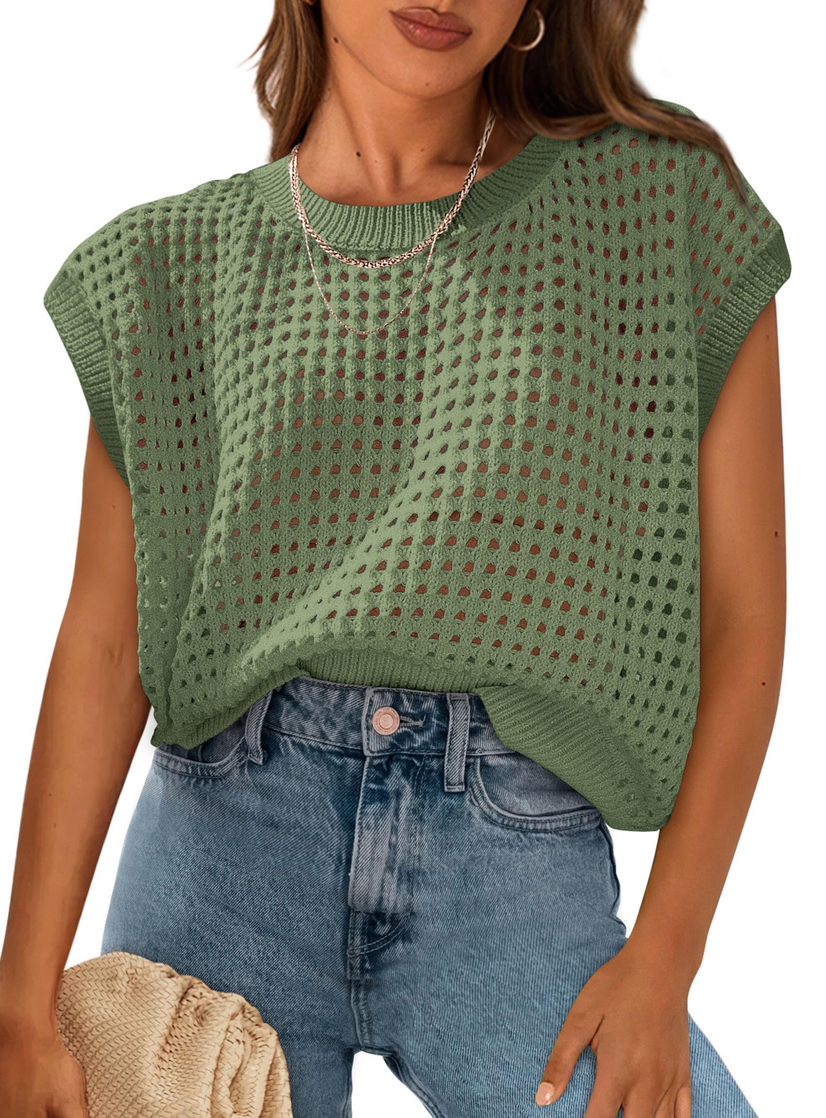 Women's Summer Crochet Cap Sleeve Sweater Tops,Bean Green,S