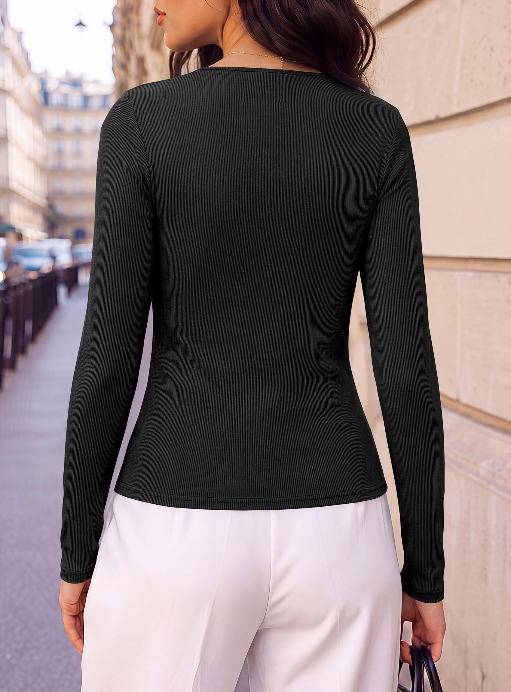 Women's Ribbed Knit V Neck Fall Blouses Long Sleeve Work Tops