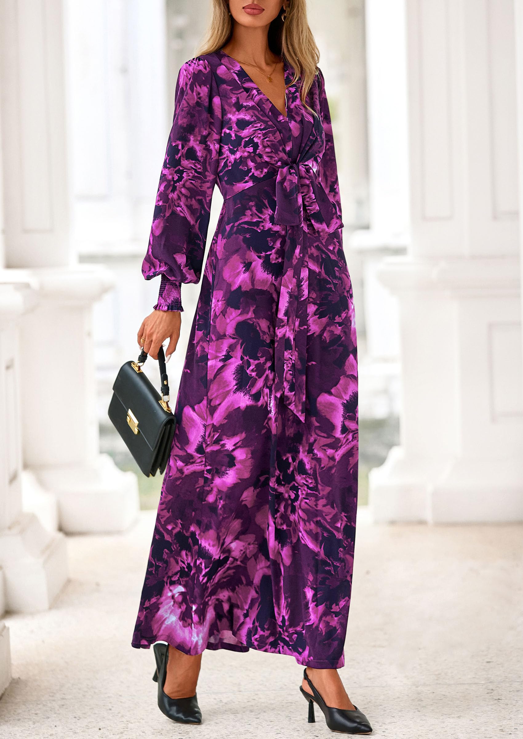 Women's Tie Waist Floral Maxi Dress,Floral Purple,S
