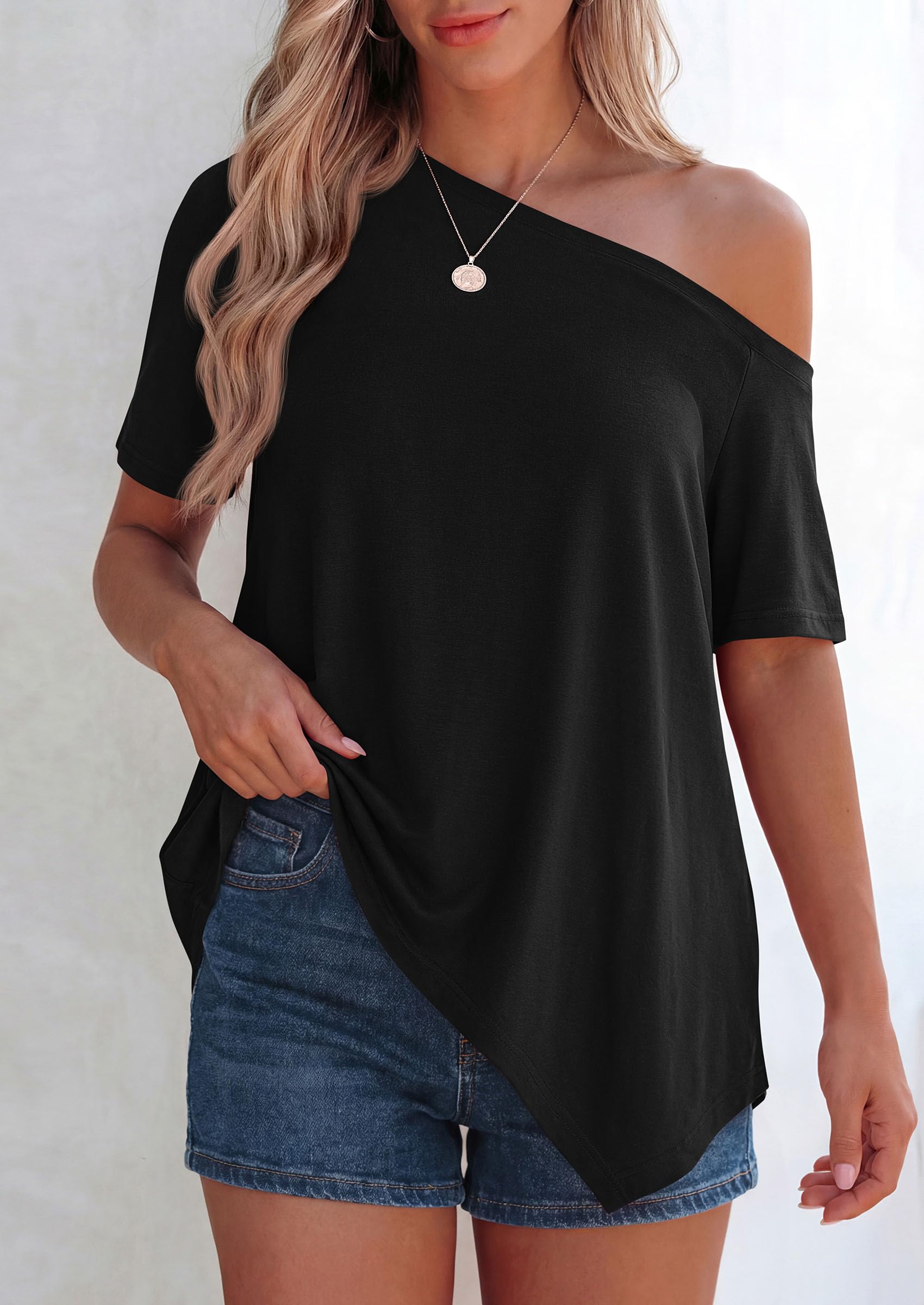 Off Shoulder Tops for Women Oversized Tshirts, Black,S