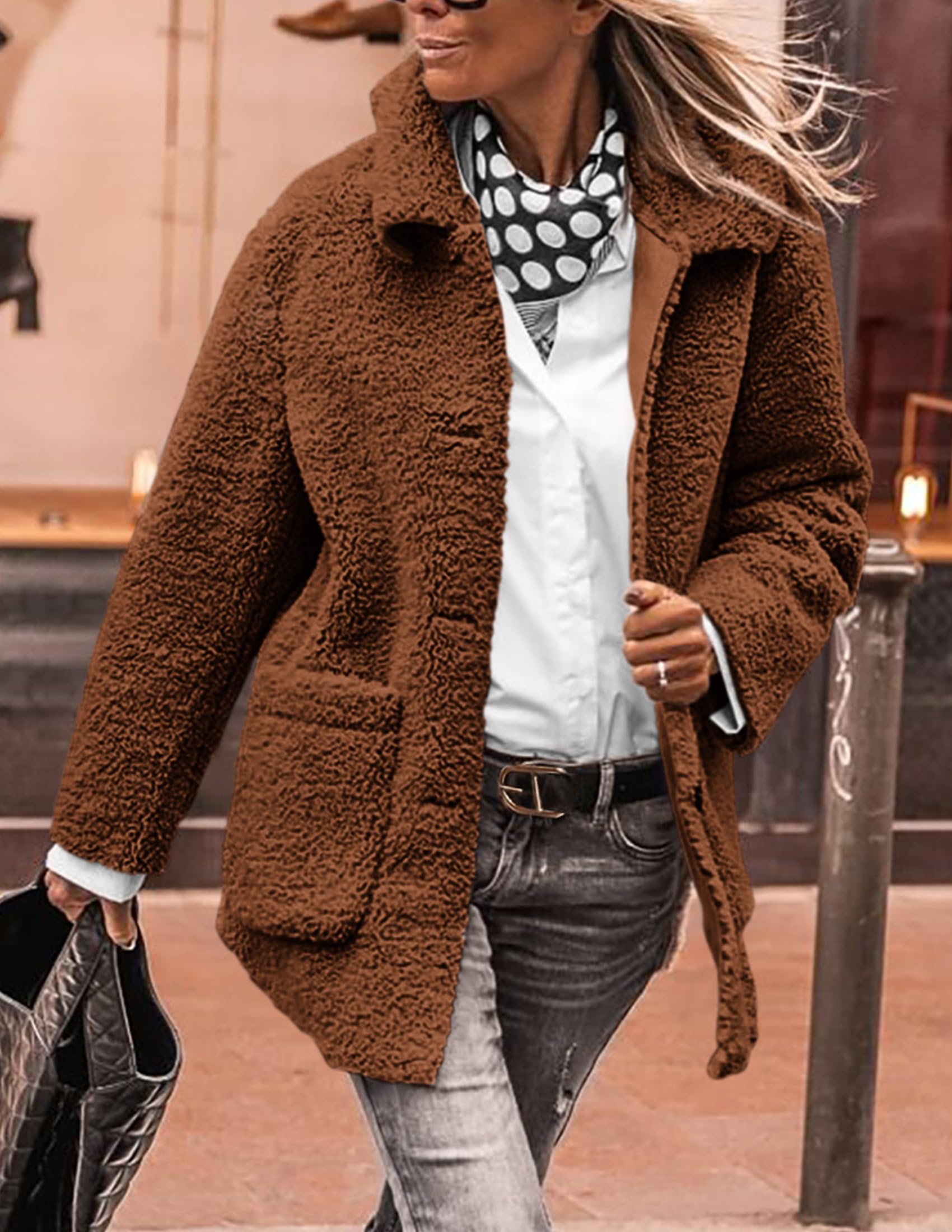 Women's Winter Faux Fur Coats Long Sleeve Lapel Button Down Pockets Fleece Sherpa Jacket Casual Trendy Outerwear (Brown,Small)