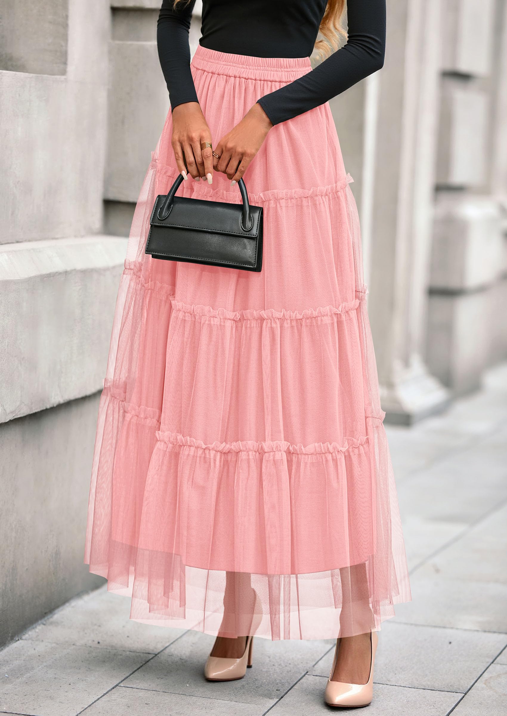 Women's Fall Soft Tulle Tiered Long Skirt,Light Pink,S