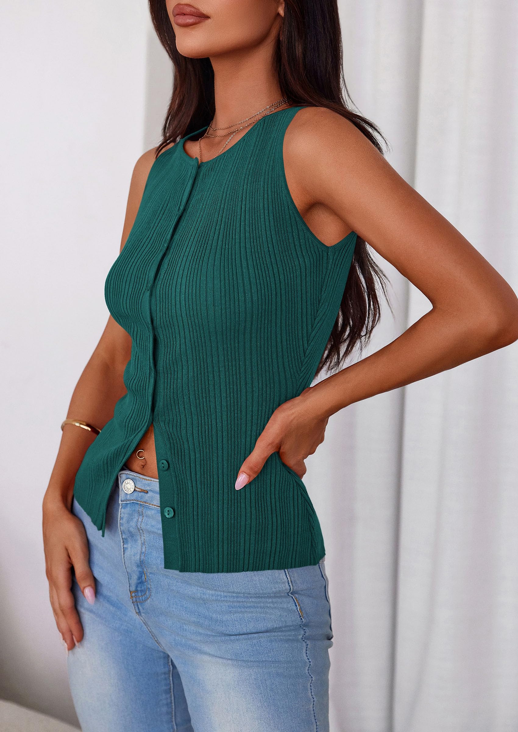 Sleeveless Button Down Shirts for Women Summer 2026 Going Out Ribbed Knit Tank Tops Y2K Clothes Trendy Vest Tops Malachite Green