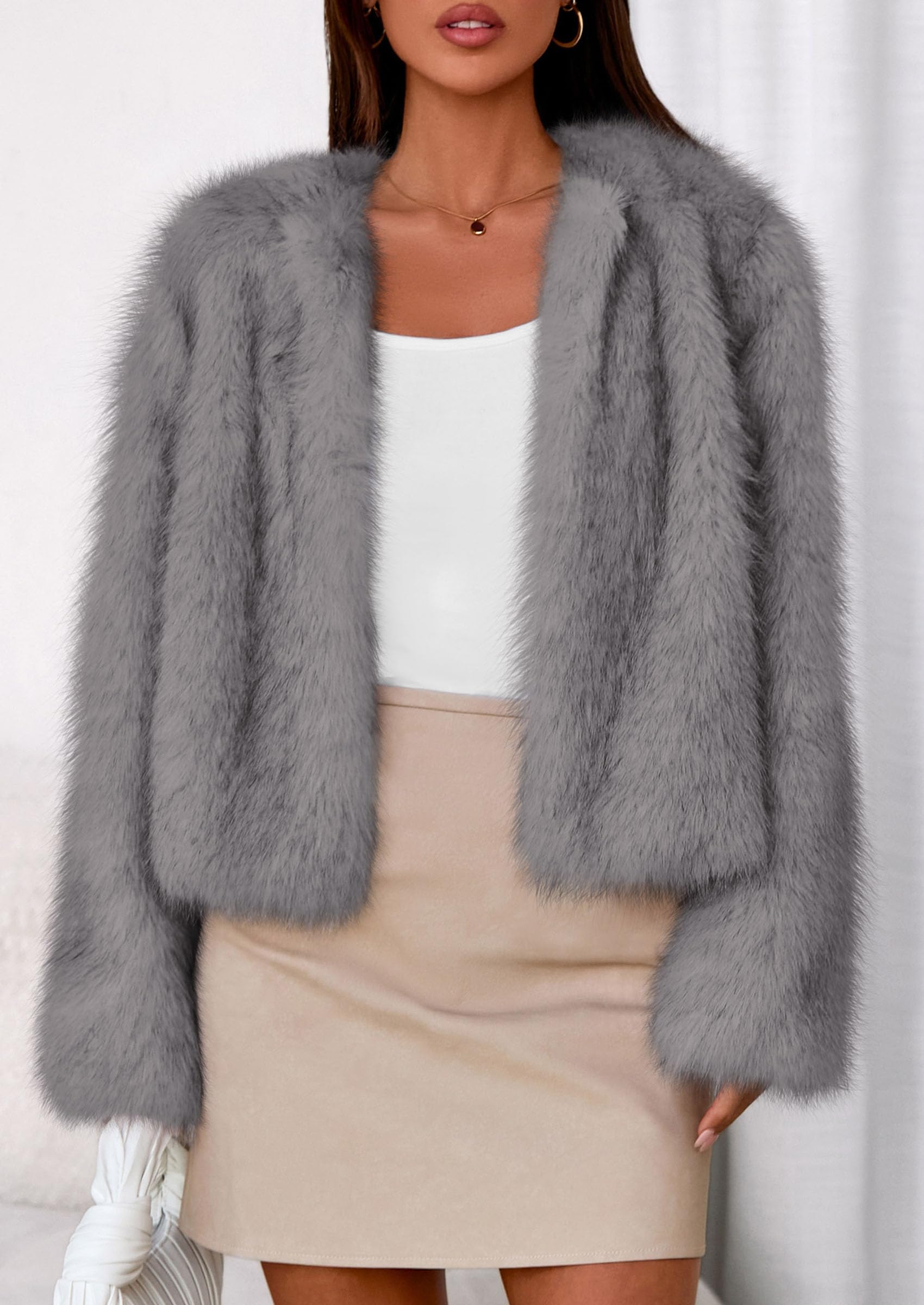 Womens Winter Coats Open Front Faux Fur Jacket,Grey,XXL