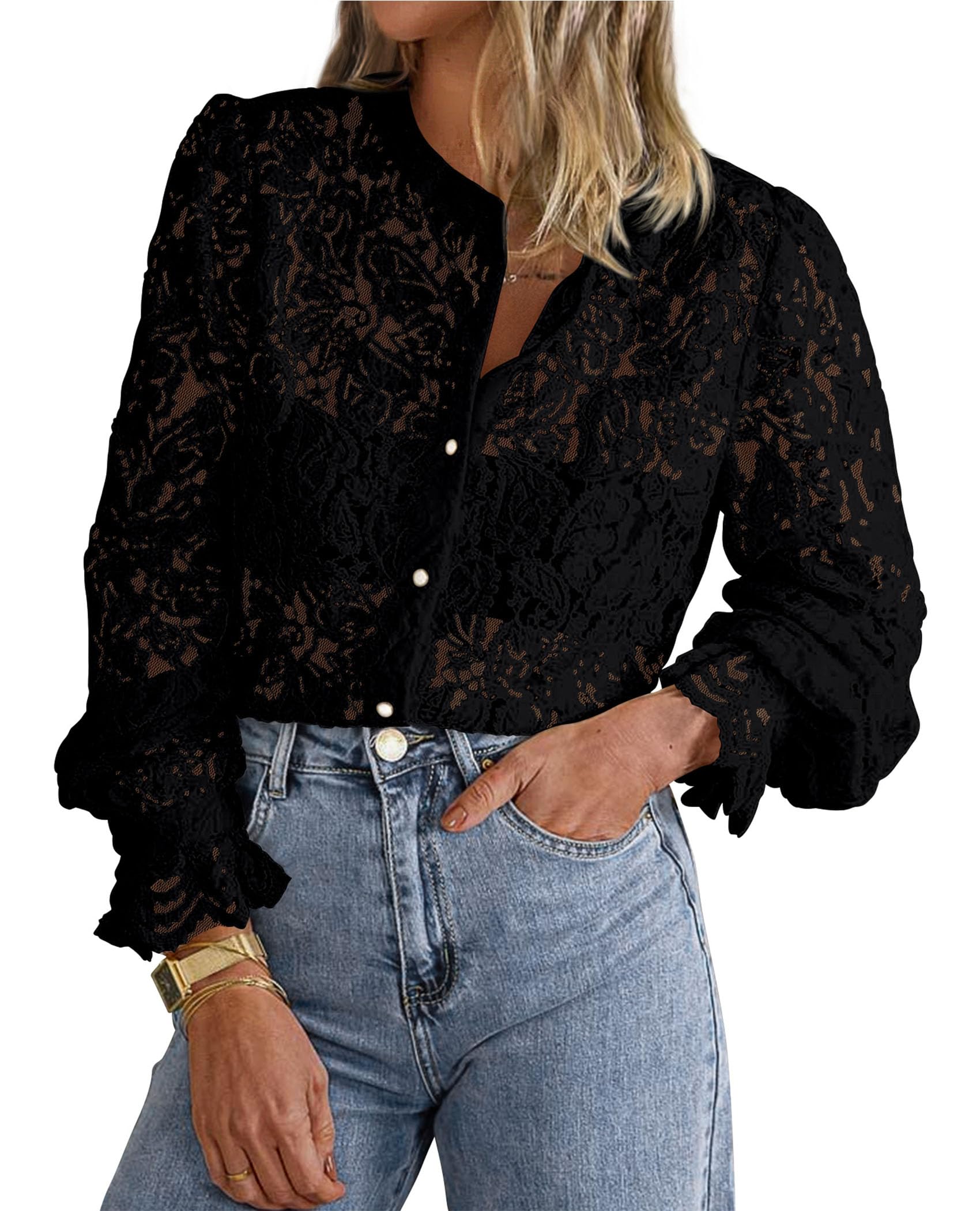 Women's Fall Trendy Long Sleeve Lace Tops(Black,Small)