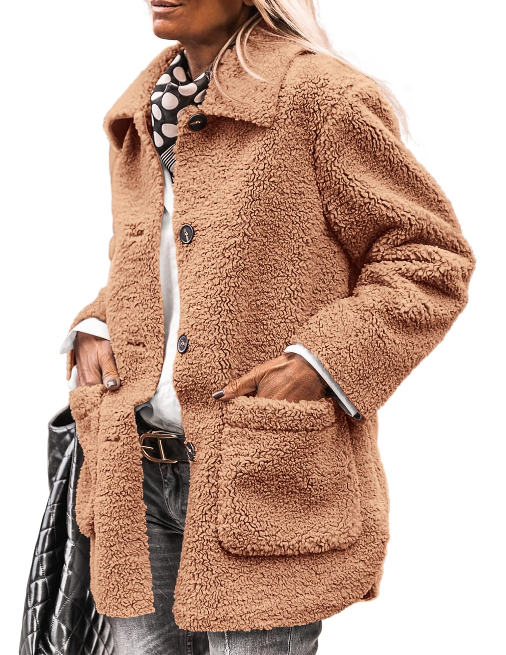 Women's Fleece Sherpa Coats Winter Outfits Khaki,S