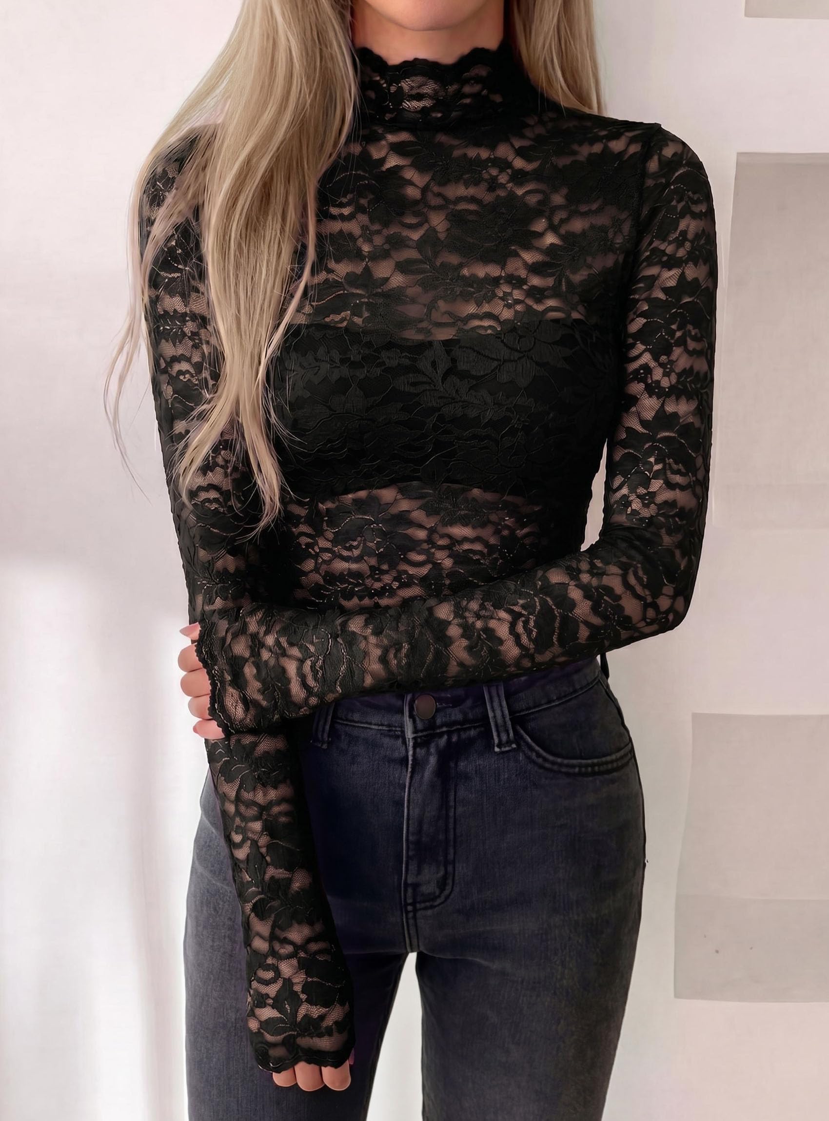 Womens Lace Long Sleeve Tops Sheer Mesh Blouse Black,S