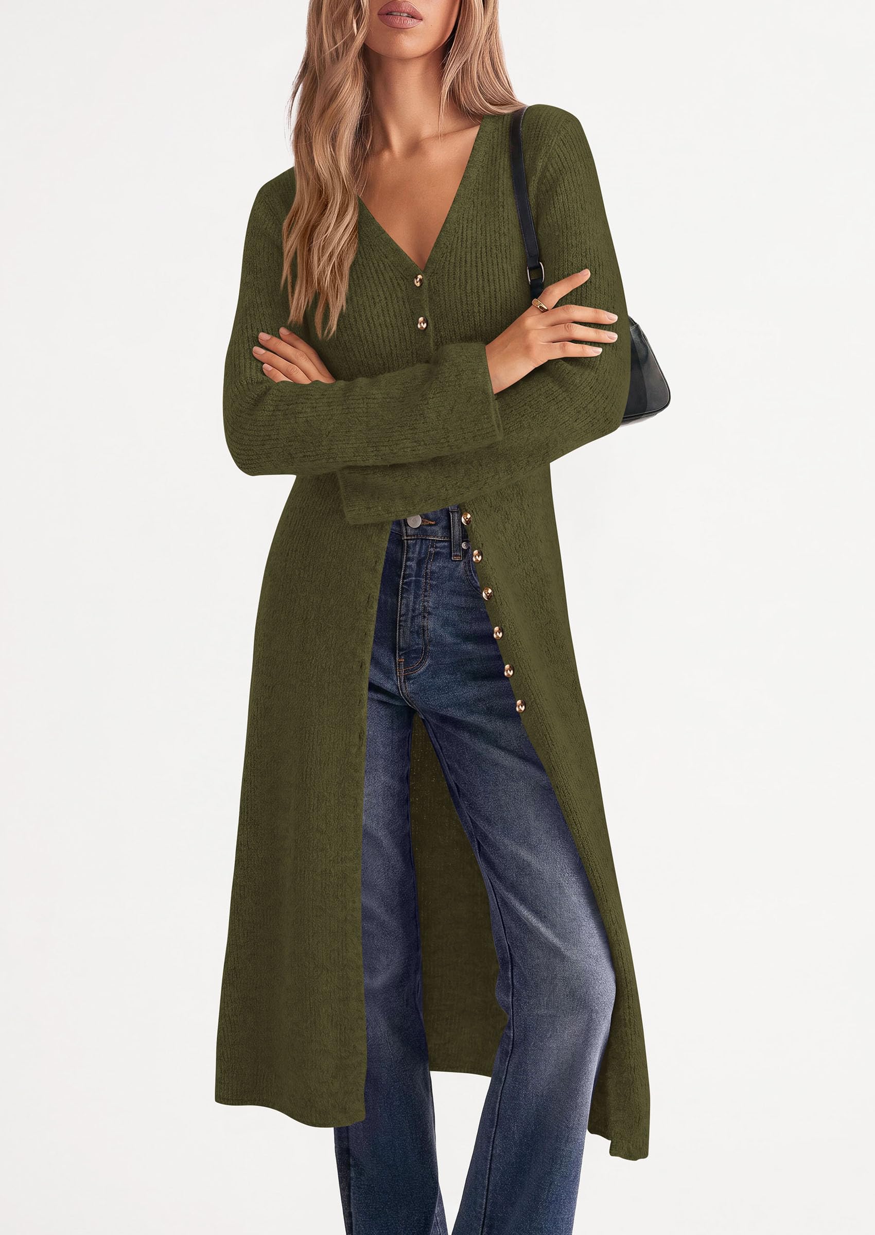 Women Long Cardigan Bell Sleeve Sweater Dress (Army Green,S)