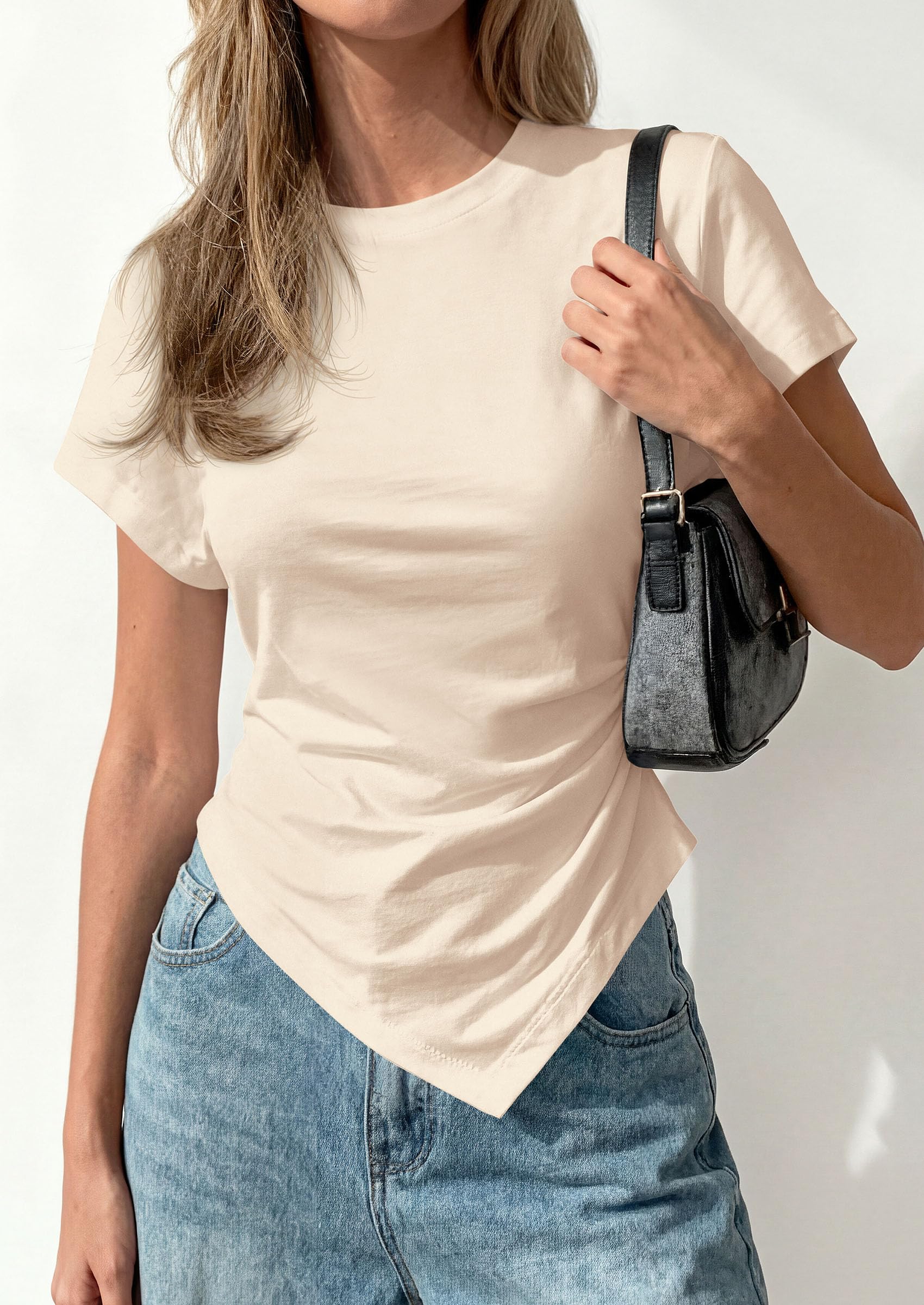 Womens Asymmetrical Summer Short Sleeve Tops,Beige,XS