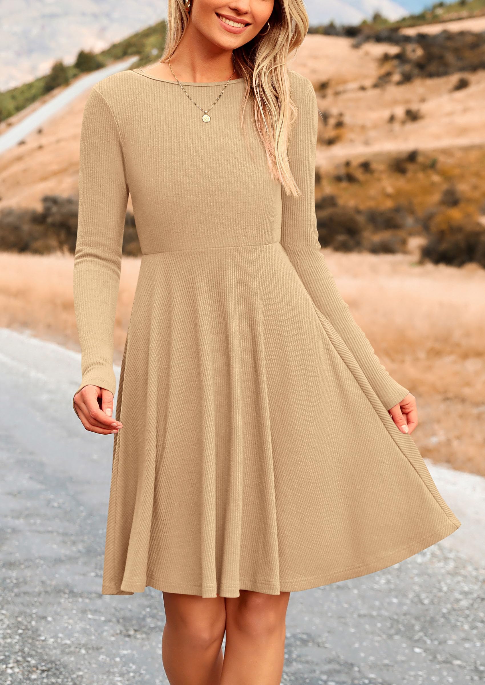 Women's Fall Casual Long Sleeve Short Dress (Light Apricot,S)