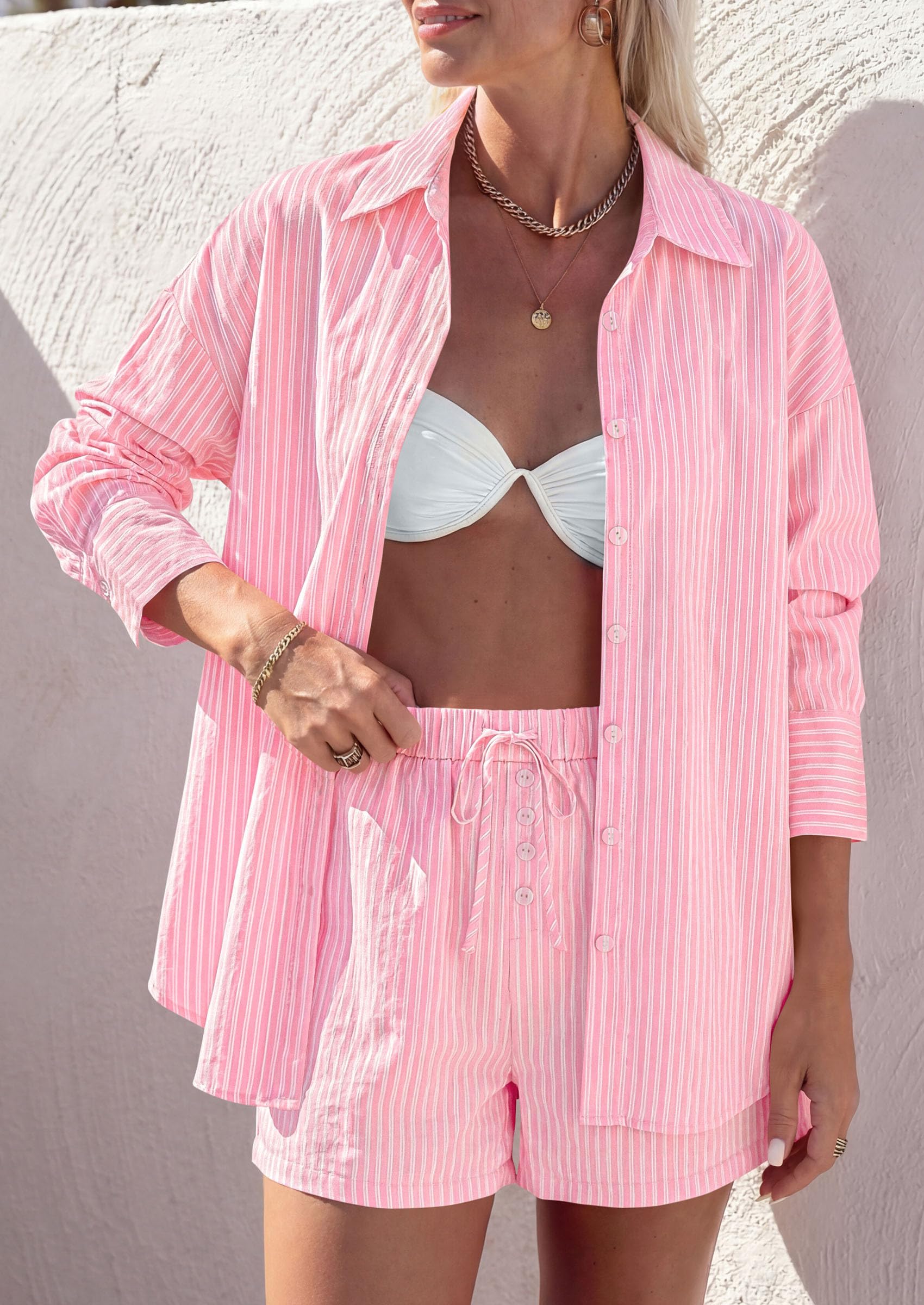 Women's Summer 2 Piece Outfits Lounge Sets Striped Pink White