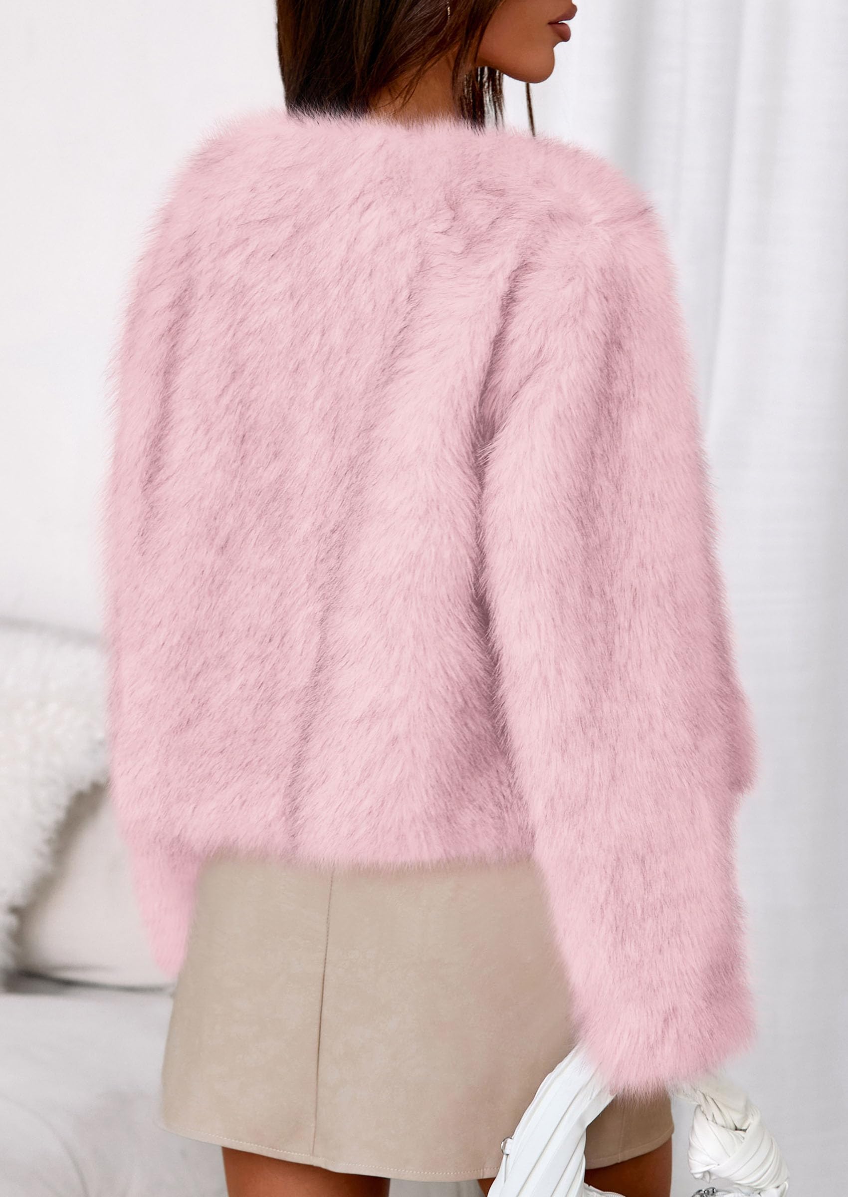Womens Winter Coats Open Front Faux Fur Jacket,Pink,M