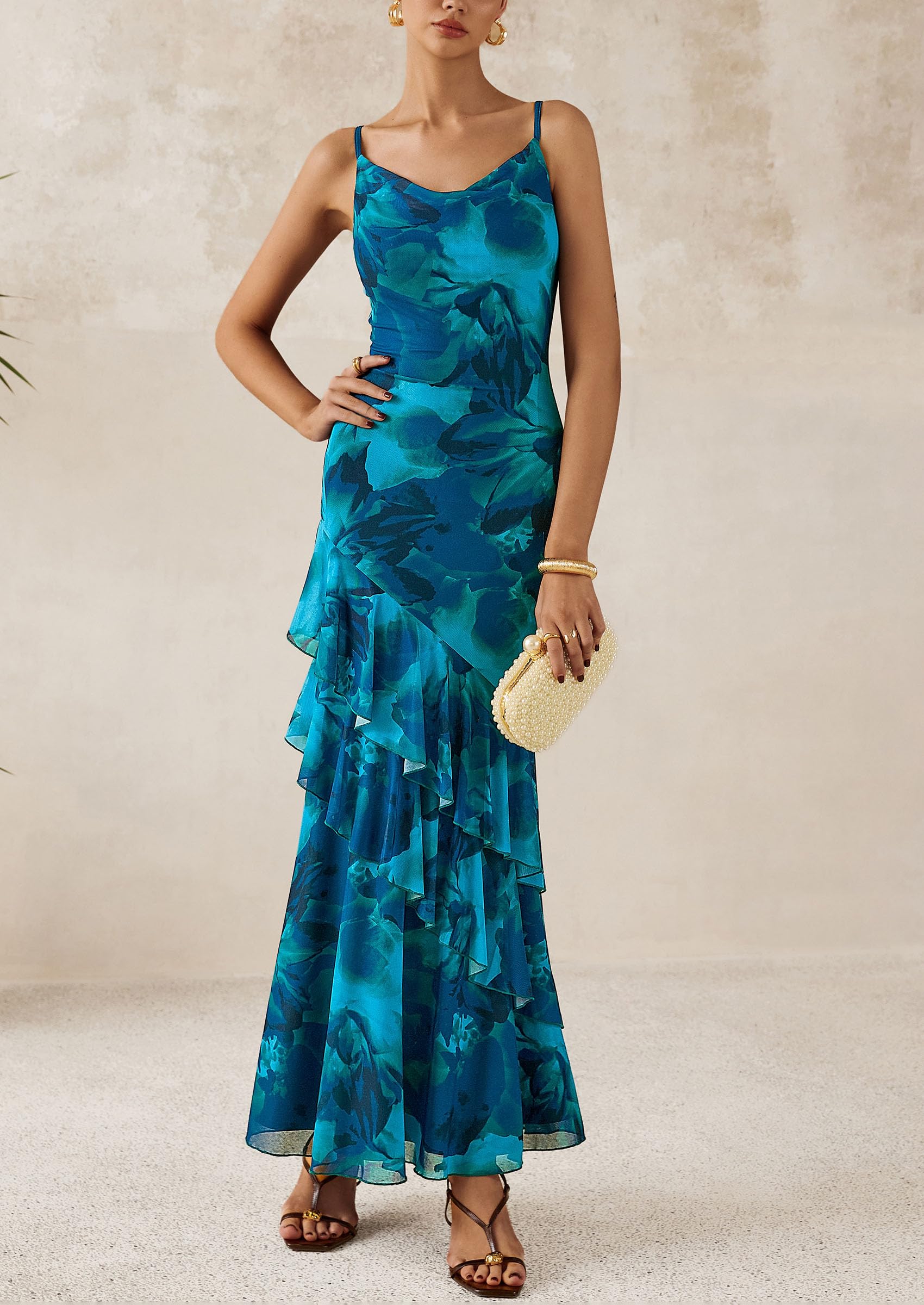 Women's Boho Floral Tiered Maxi Dress, Print Blue Green,XS