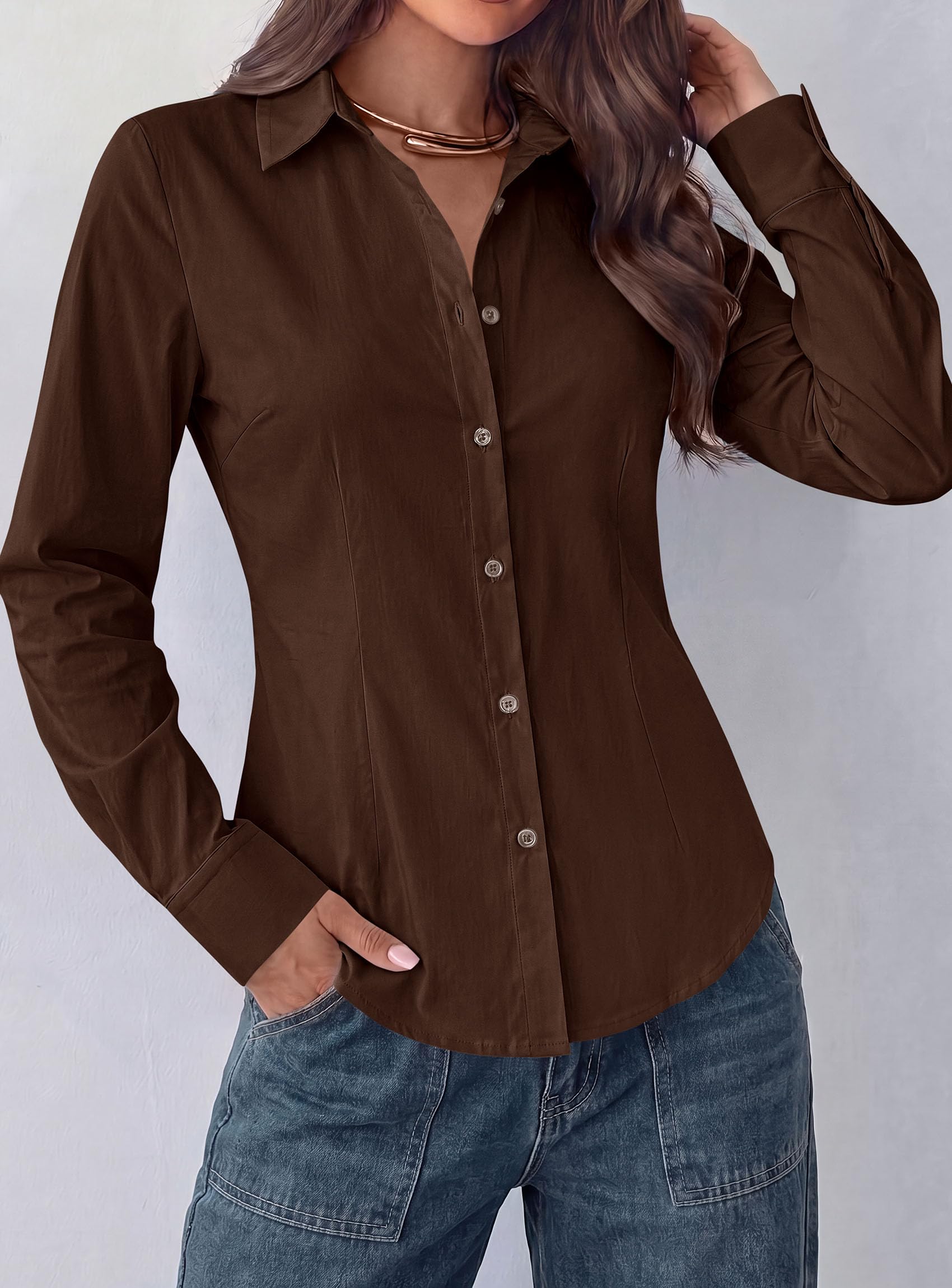 Womens Button Down Shirts Long Sleeve Blouse (Brown,S)