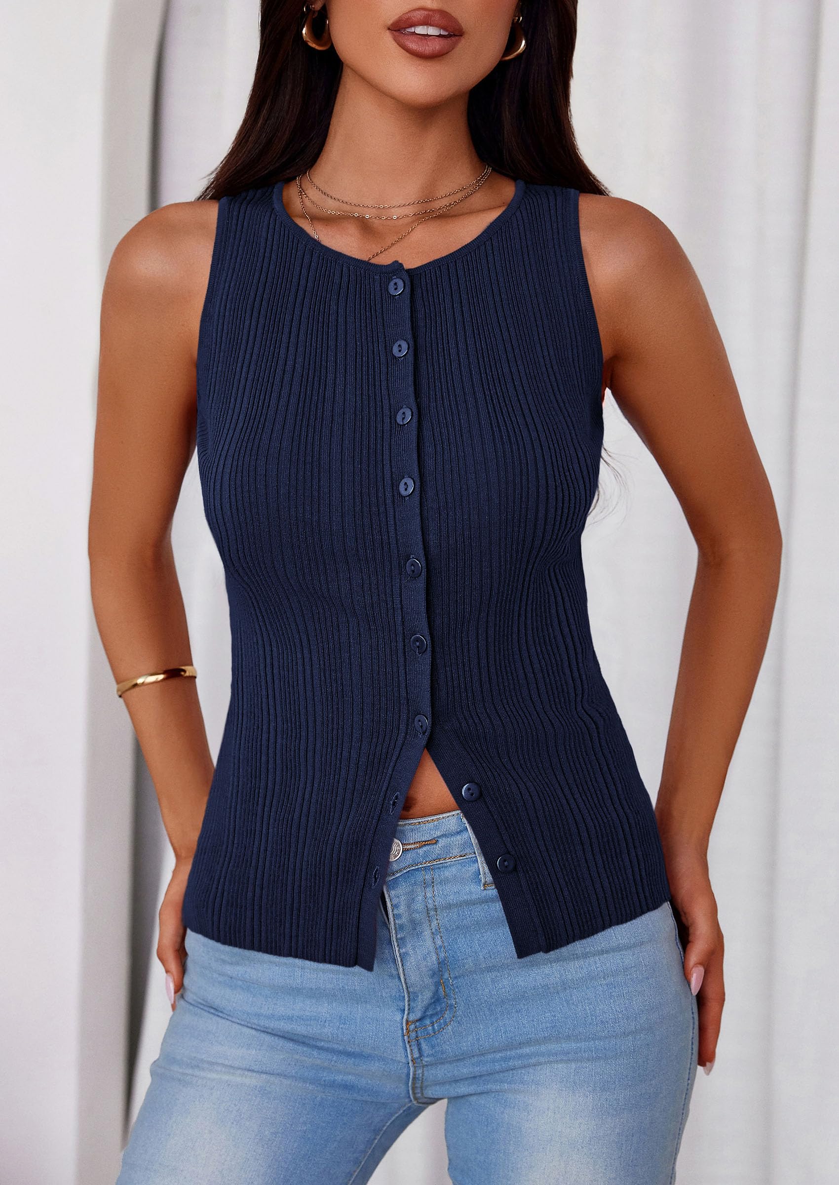 Sleeveless Button Down Shirts for Women Summer 2026 Going Out Ribbed Knit Tank Tops Y2K Clothes Trendy Vest Tops Navy