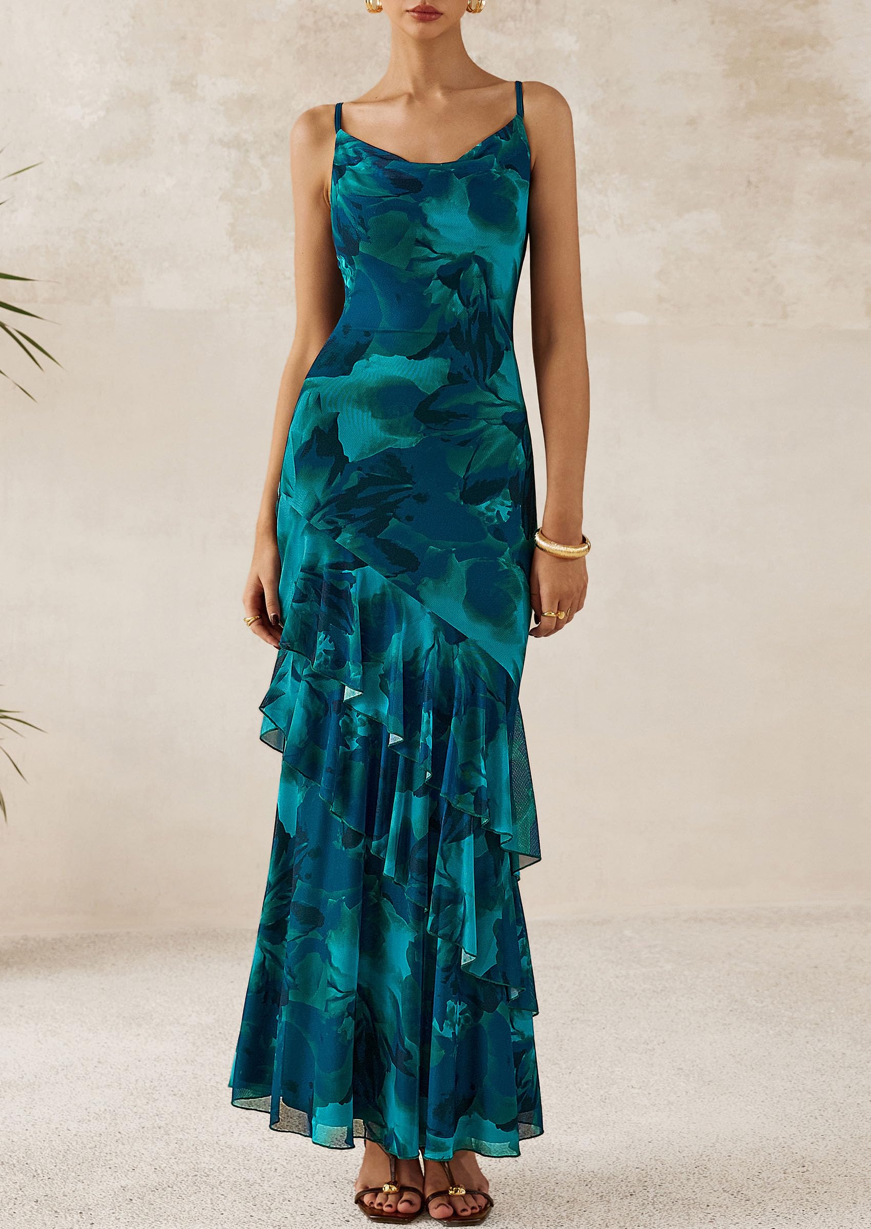 Women's Boho Floral Tiered Maxi Dress, Floral Lake Blue,XS