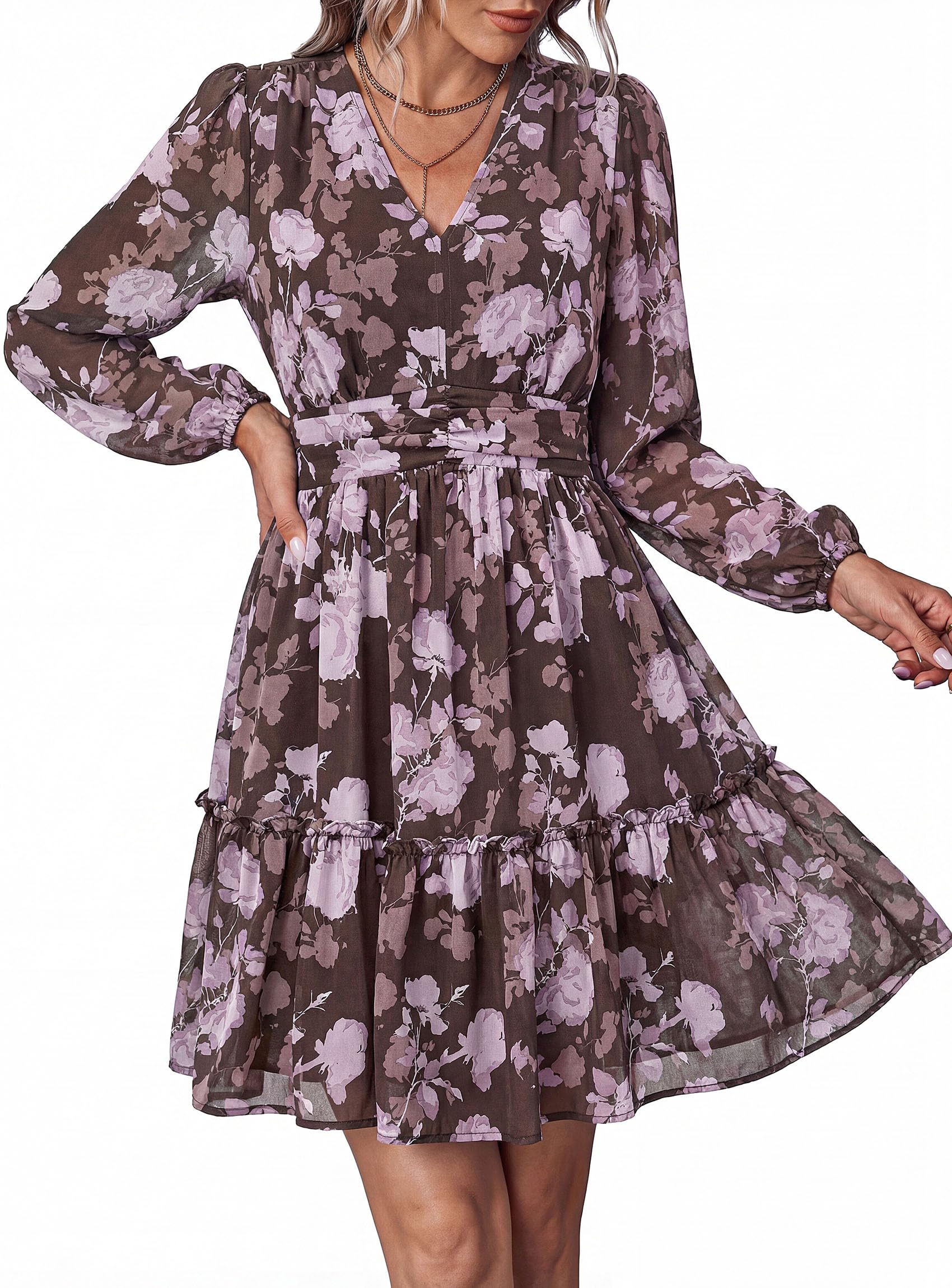 Women Floral Long Sleeve Mini Dress Fall Wedding Guest Dresses