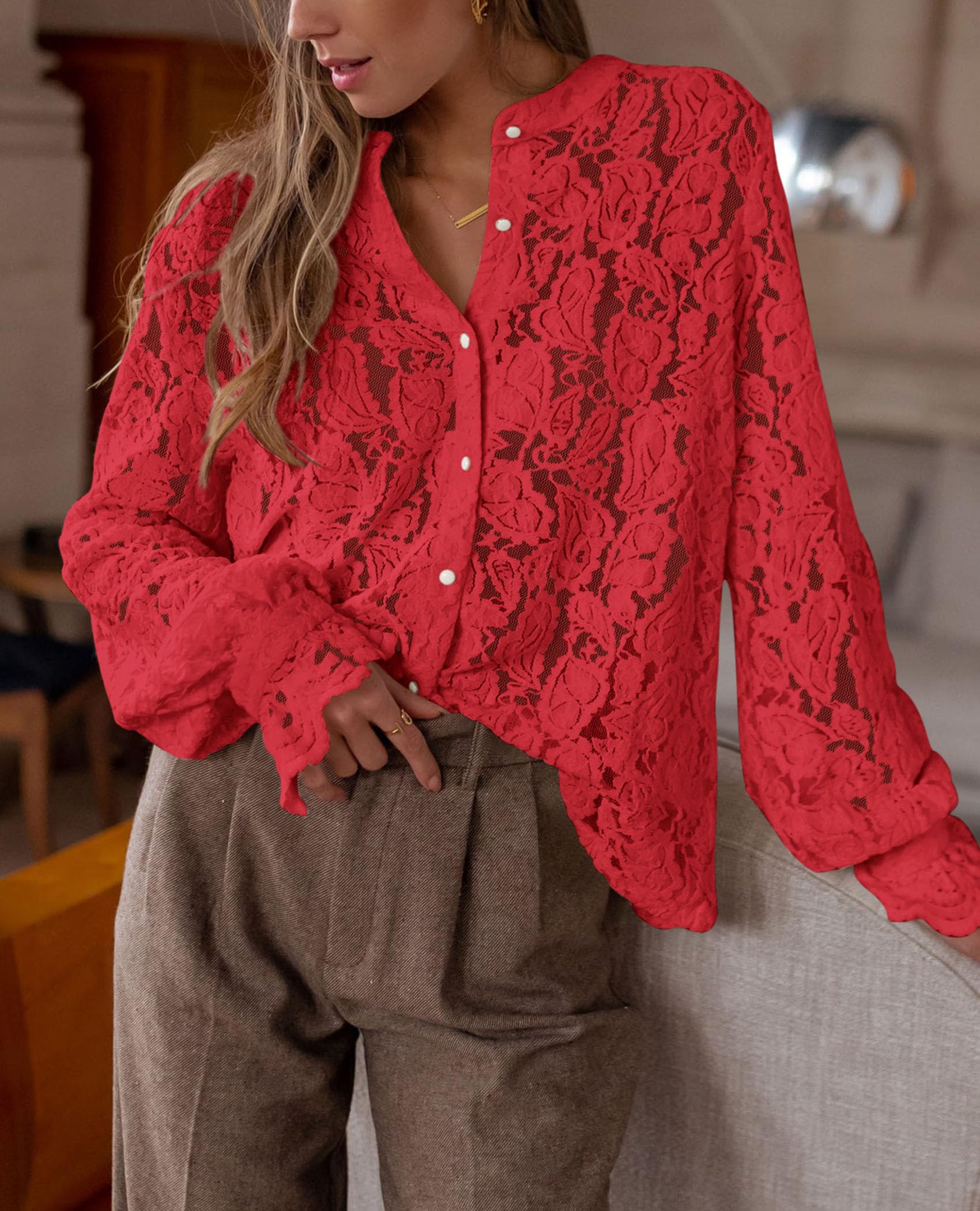 Women's Fall Trendy Long Sleeve Lace Tops(Red,Small)