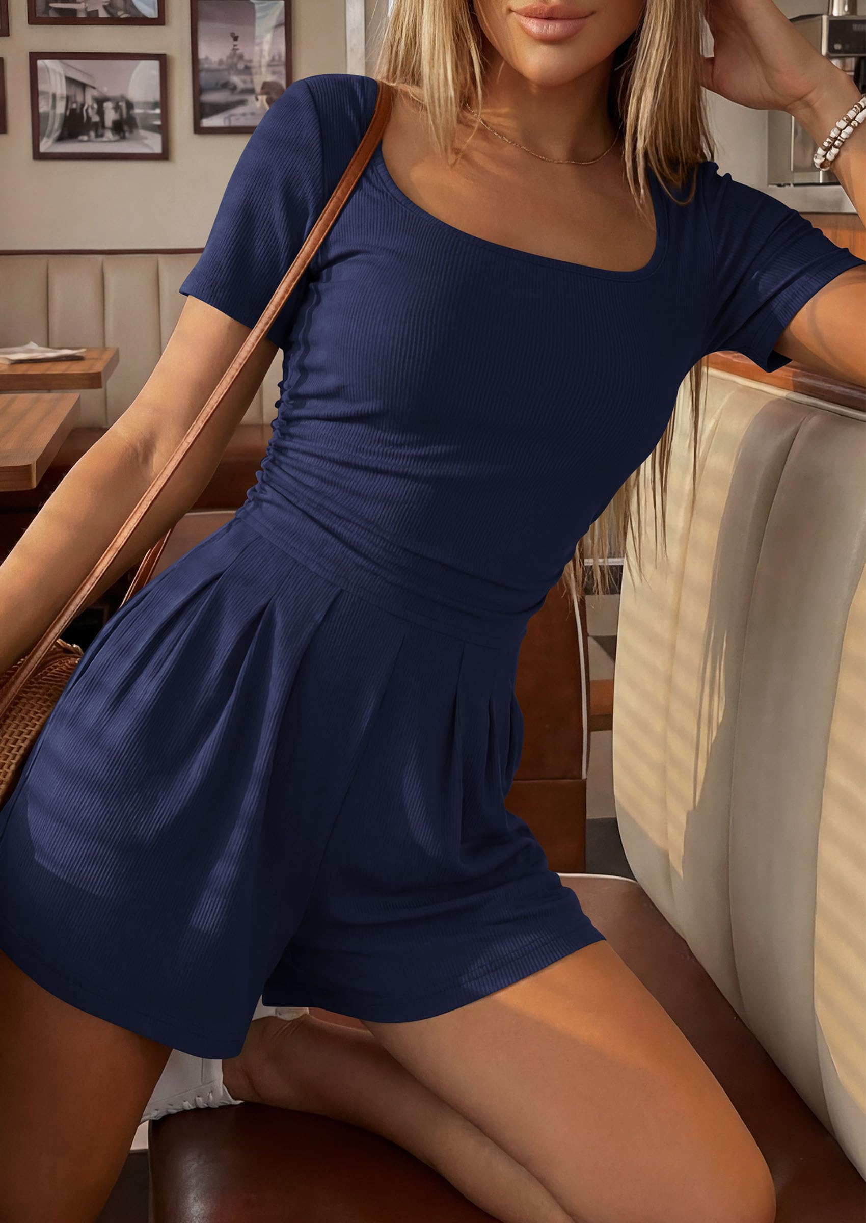 Womens One Piece Short Sleeve Rompers,Navy Blue,S