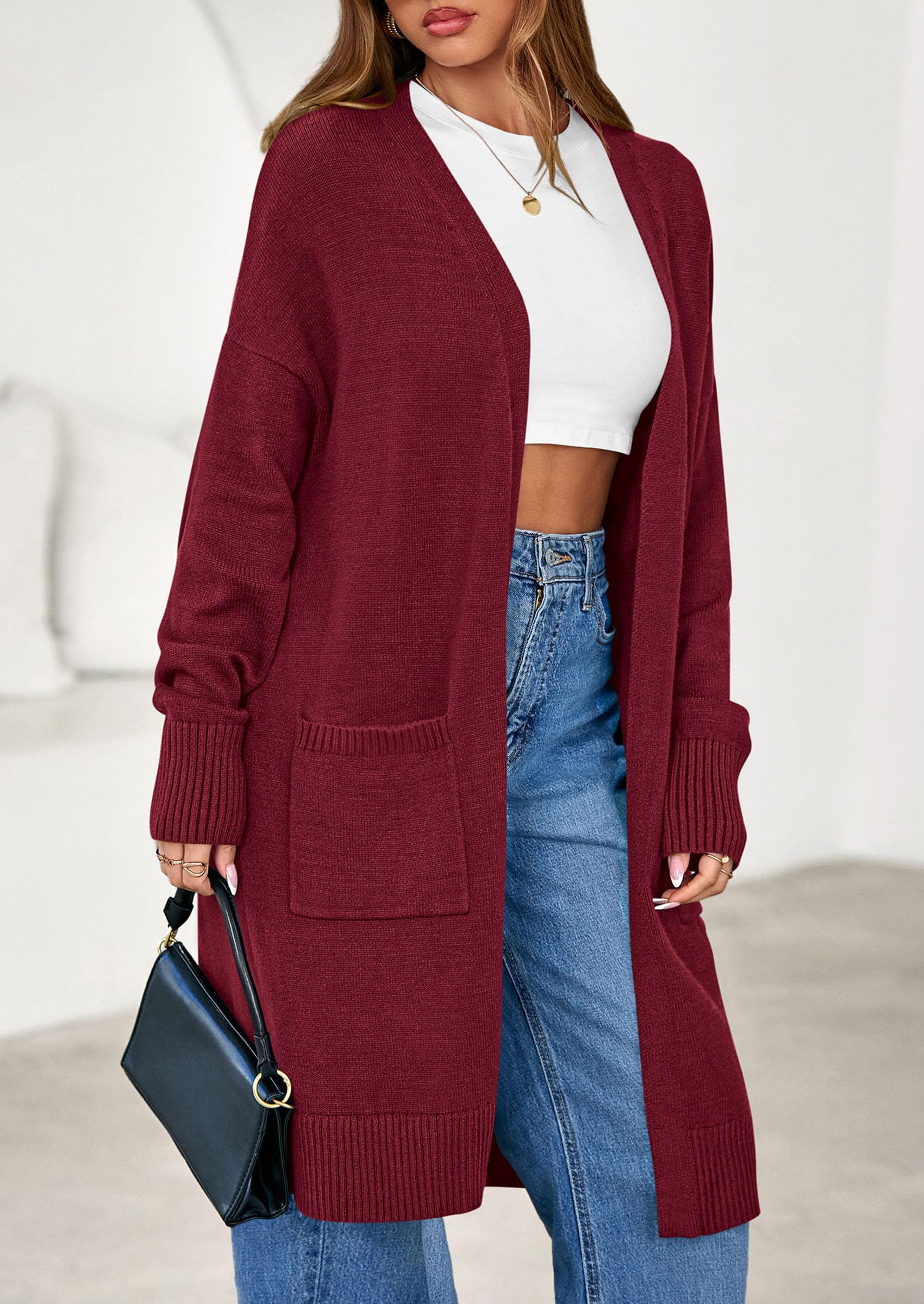 Women's Oversized Open Front Long Knit Cardigan,Burgundy,S