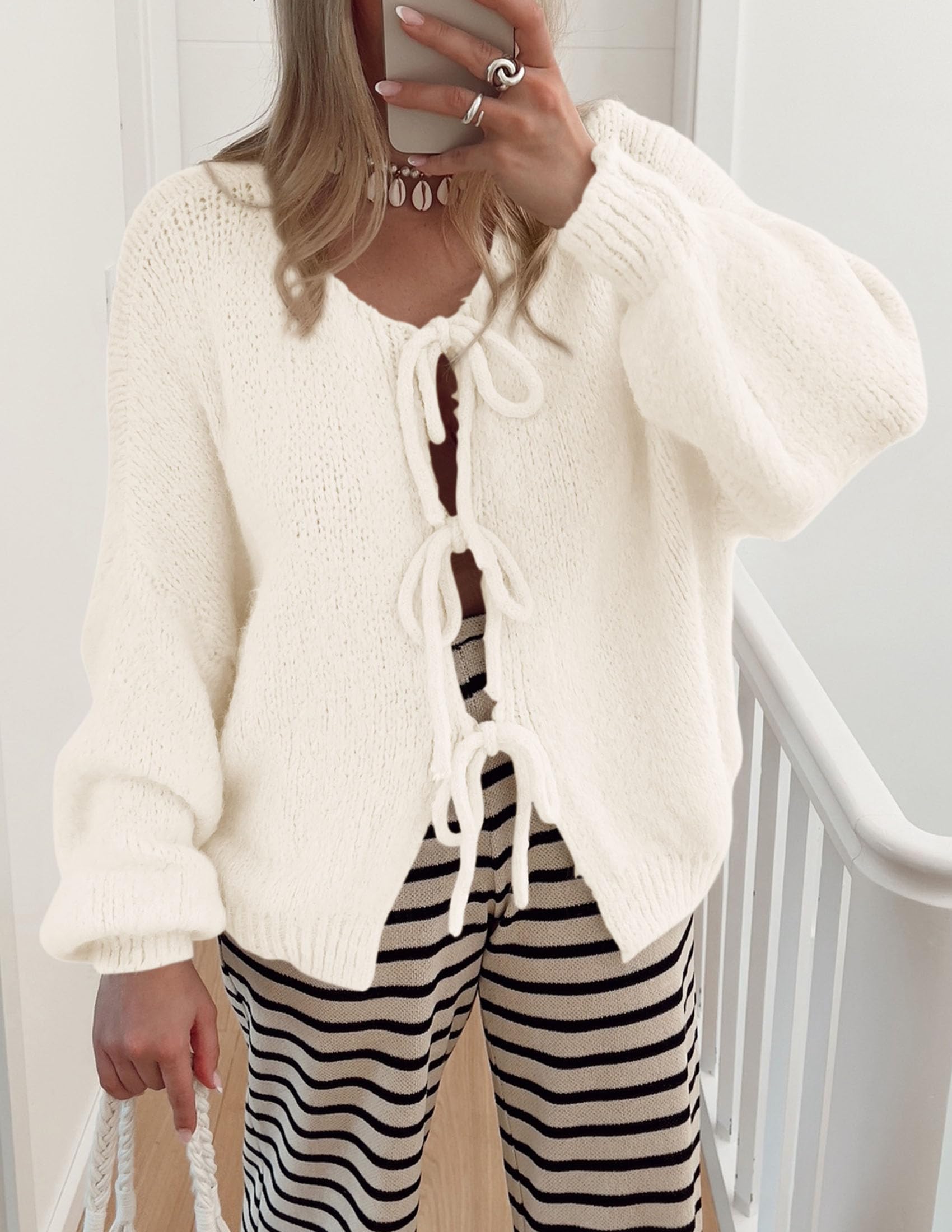 Women's Tie Front Bow Cardigan Sweaters(White,Small)