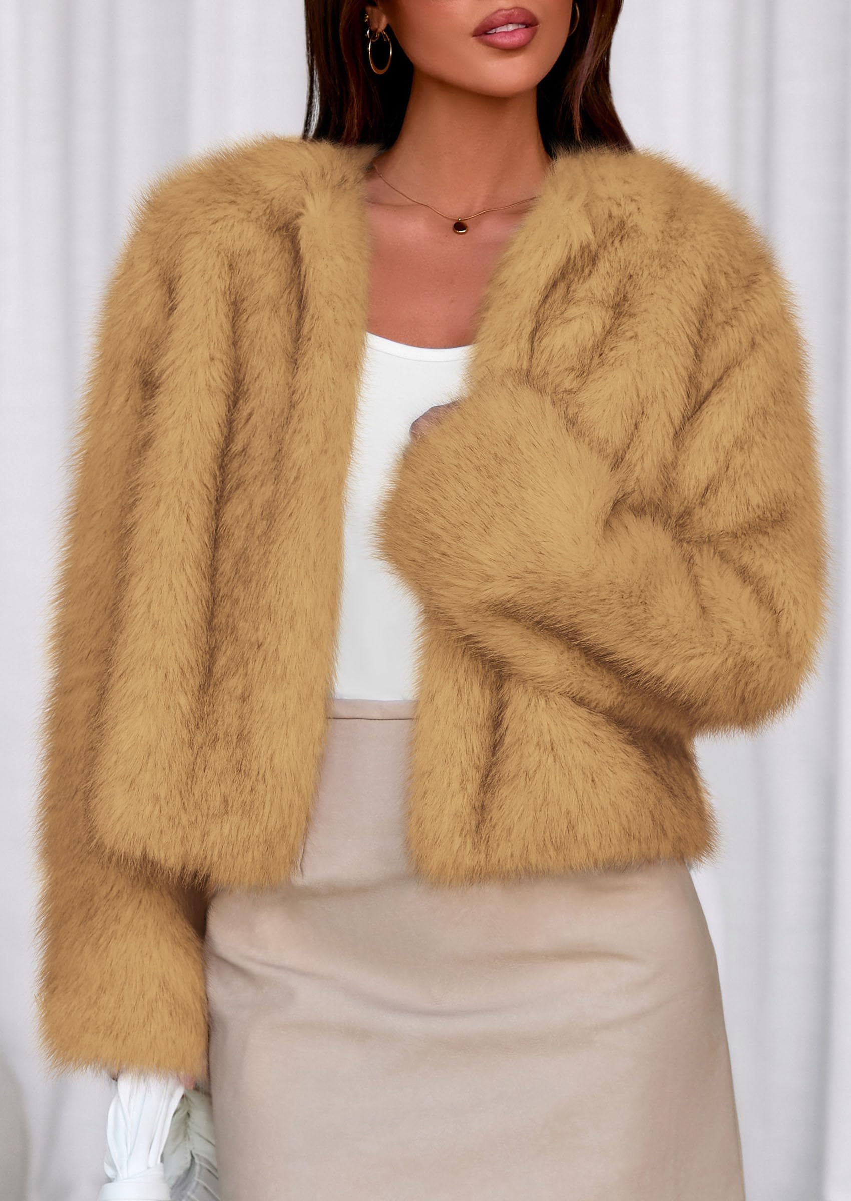 Womens Winter Coats Open Front Faux Fur Jacket,Yellow,XXL